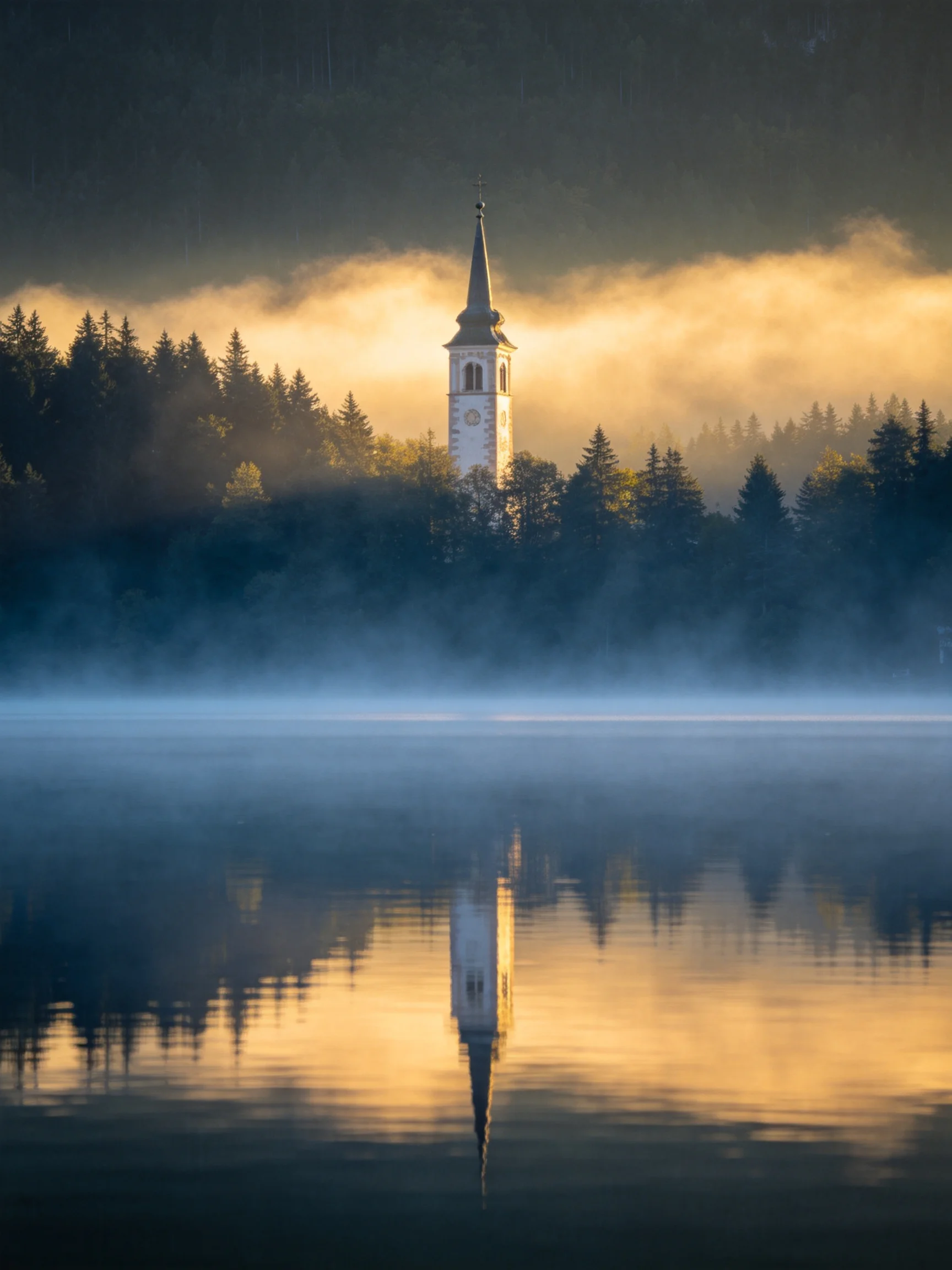 A Church Tower Reflects in a Misty Lake Among Forests at Dawn