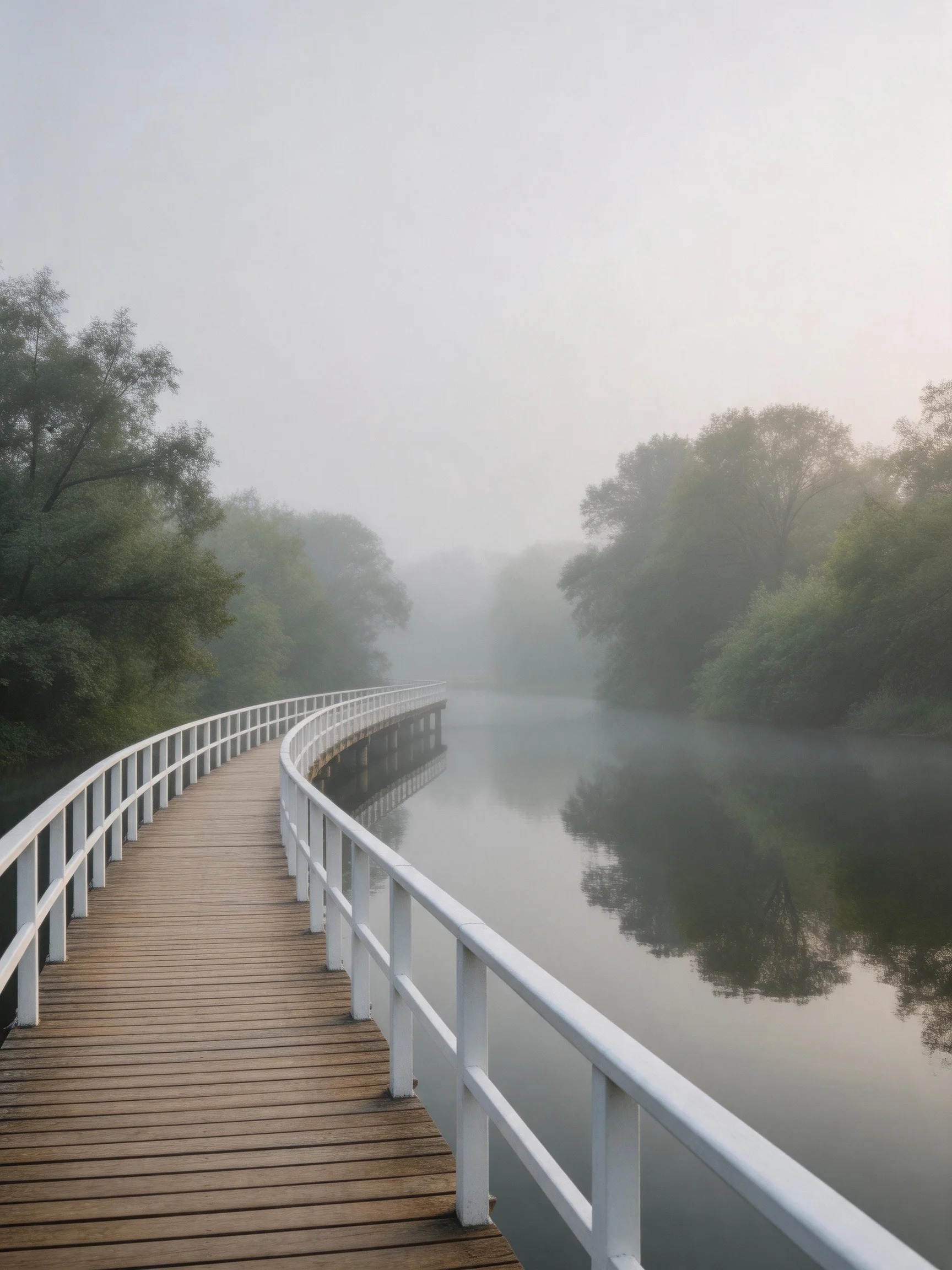 A Curved Wooden Boardwalk With White Railings Along Foggy River