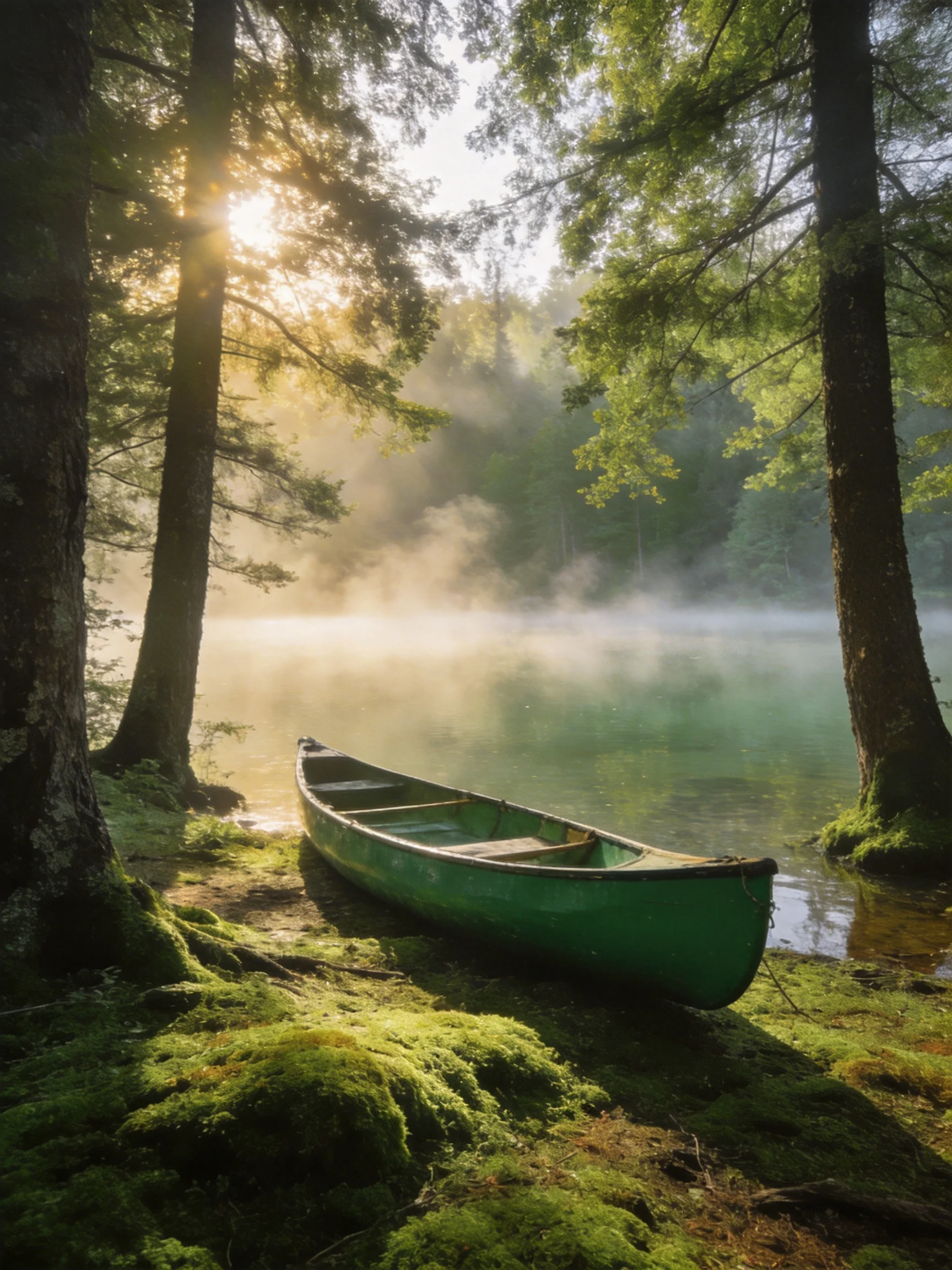 A Green Canoe Rests Near Mist-Covered Lake Among Tall Trees