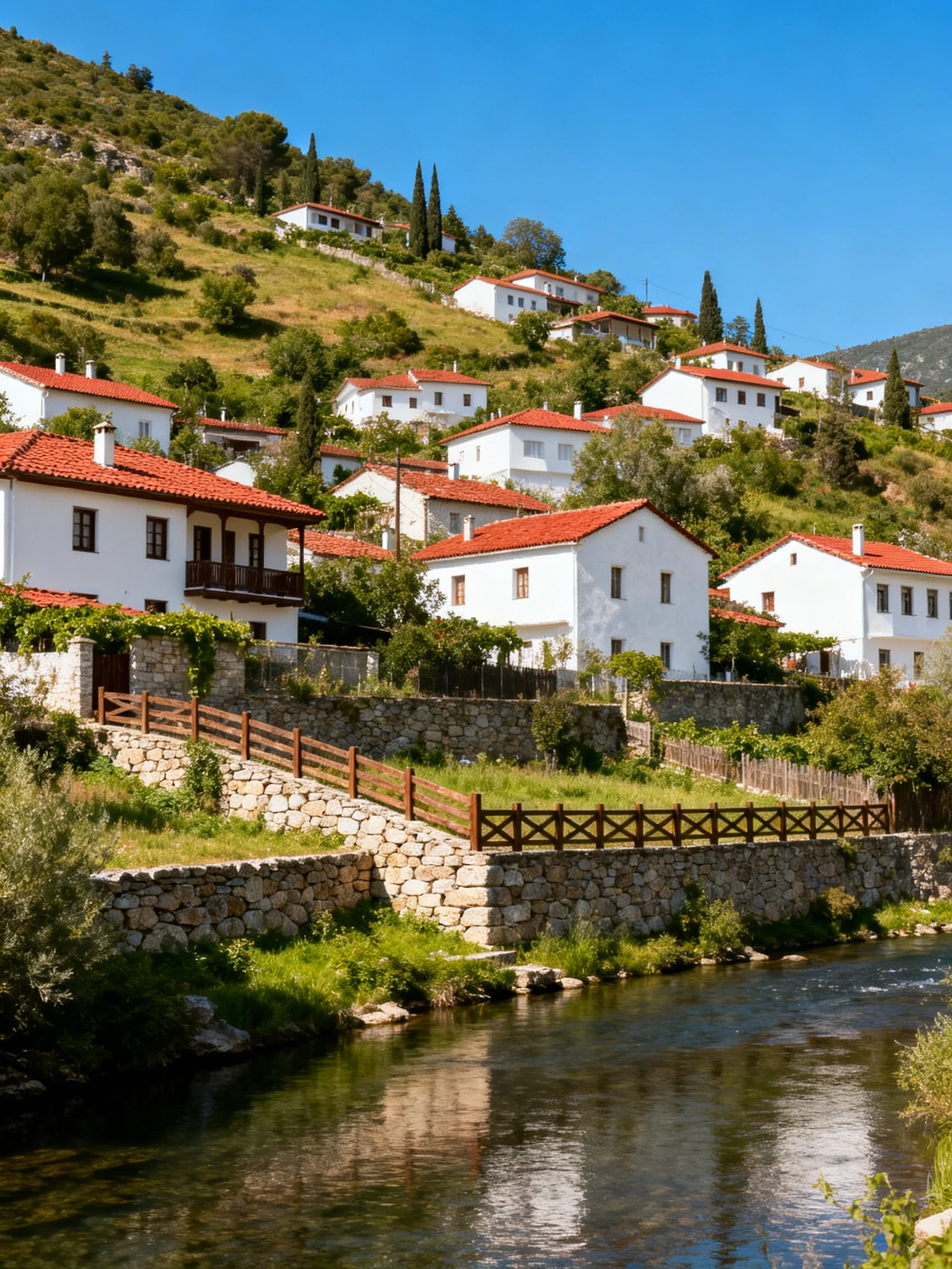 A Hillside Village with White Houses and Red Roofs Near a Stream