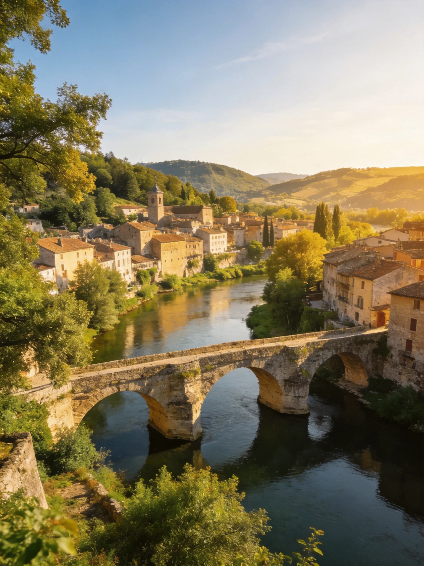 A Historic Stone Bridge Over a River in a Sunlit Town