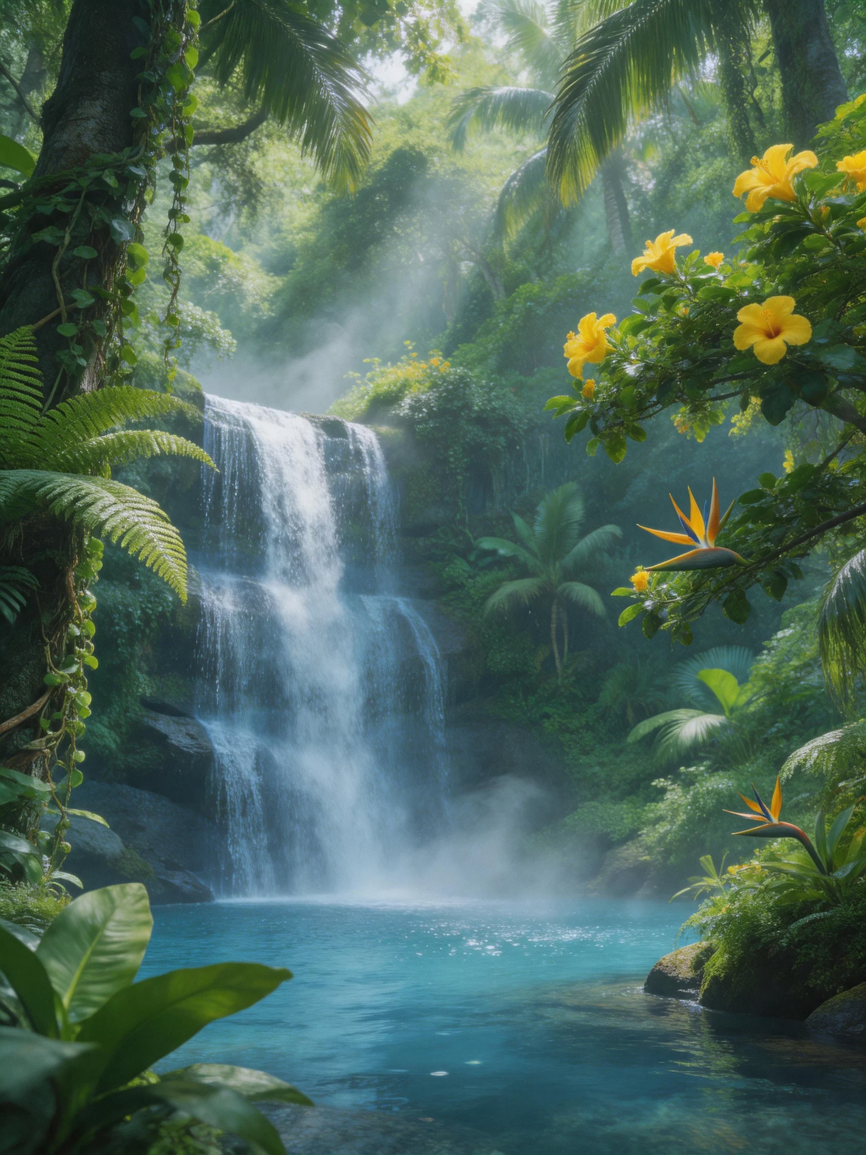 A Lush Jungle Waterfall with Blue Pool and Yellow Flowers