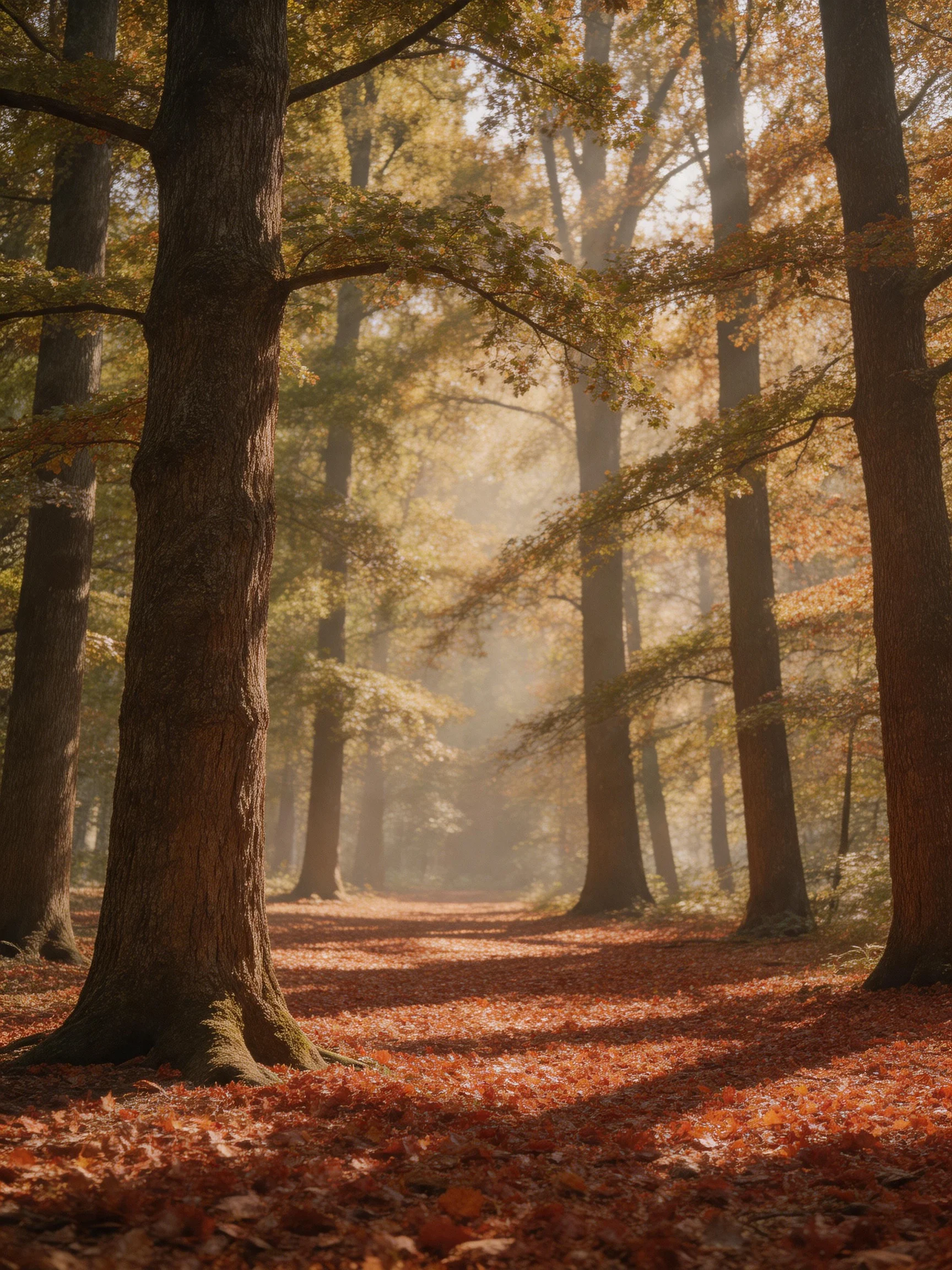 A Misty Autumn Forest with Tall Trees and Orange-Hued Fallen Leaves