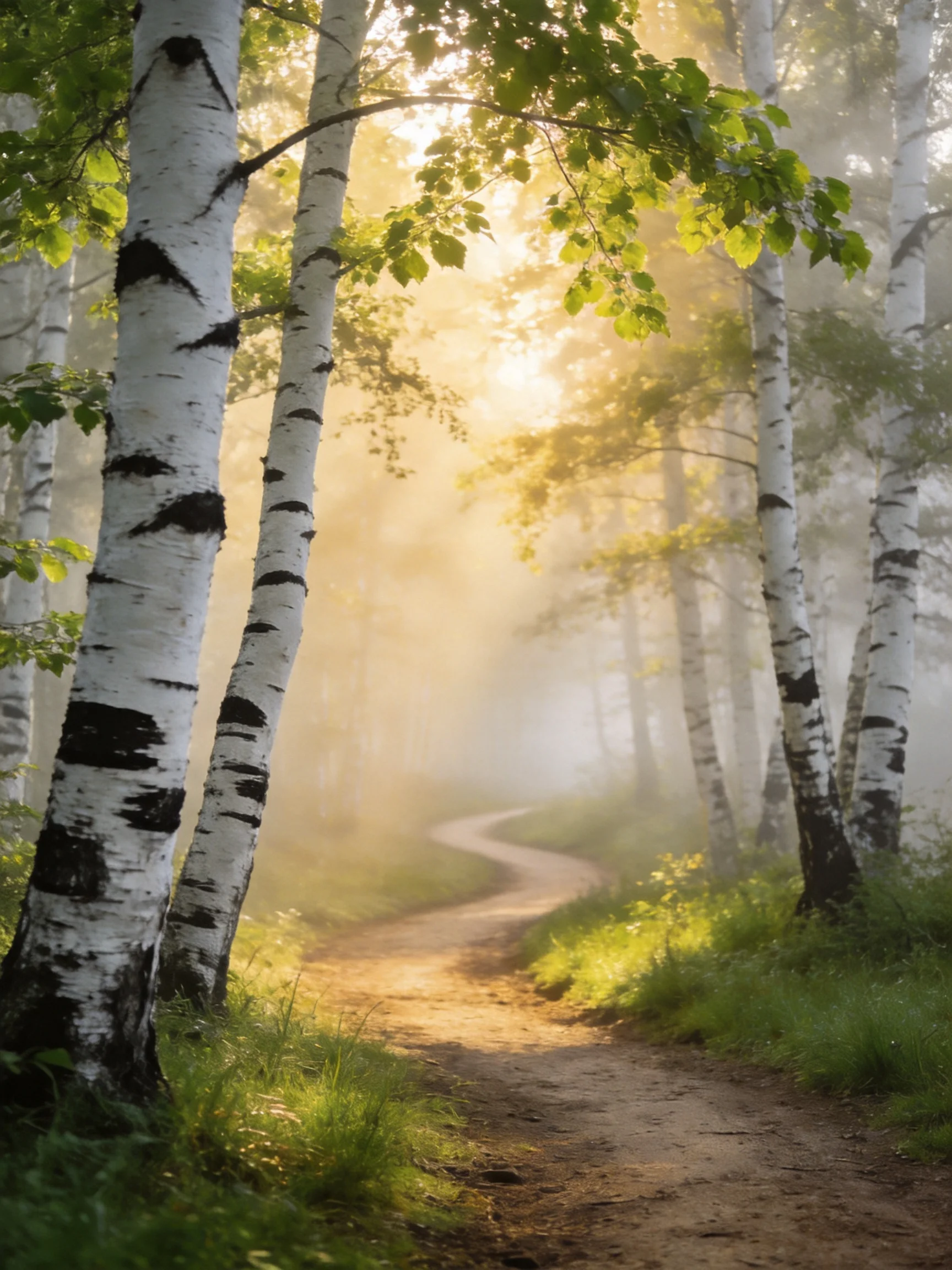 A Misty Morning Path Through White-Barked Birch Forest With Golden Sunlight