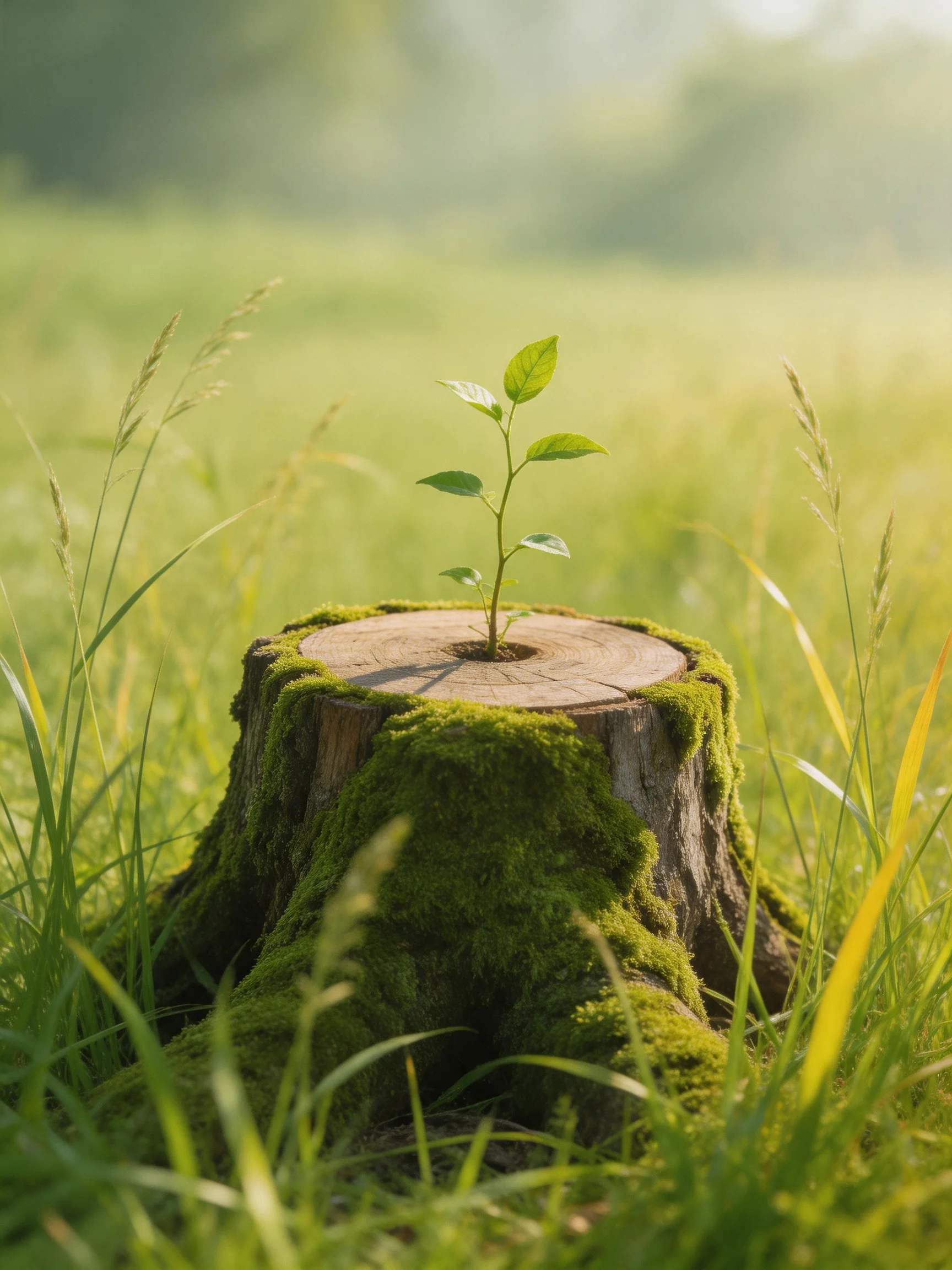 A Moss-Covered Tree Stump With a Small Plant in a Lush Green Field