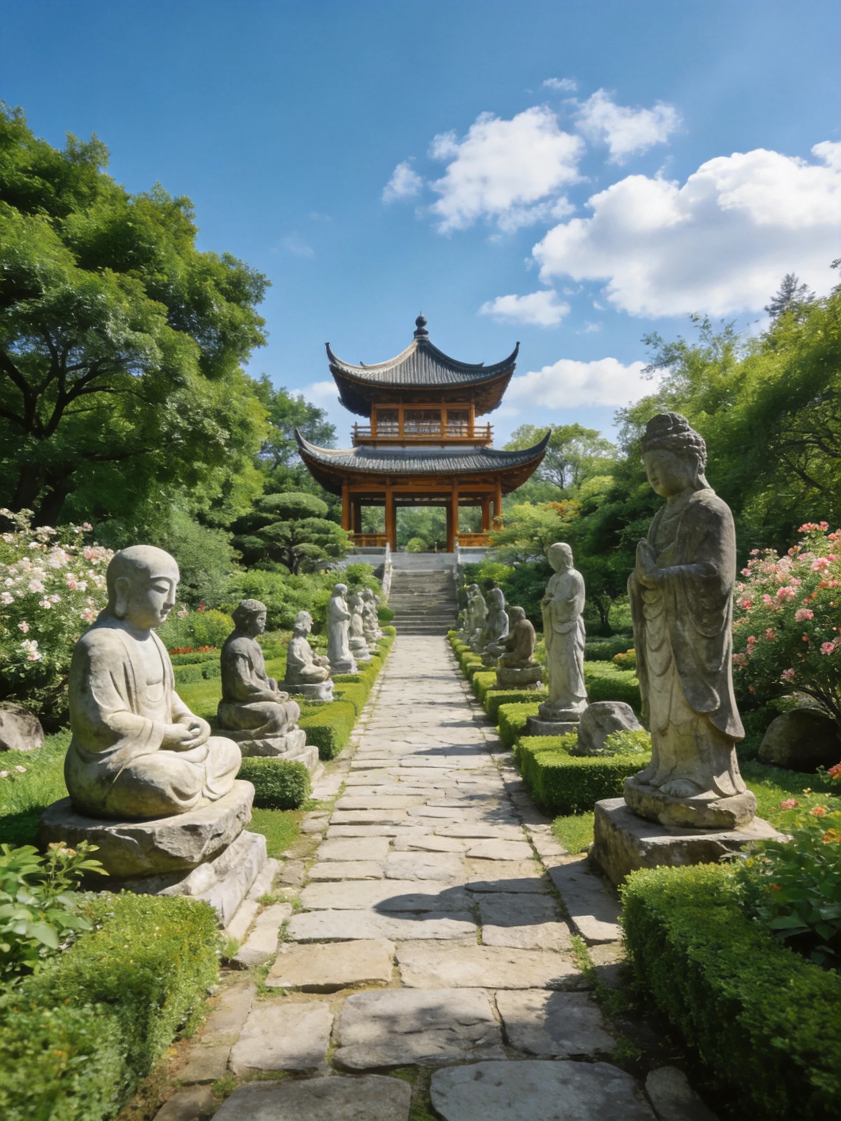 A Pagoda Surrounded by Stone Statues and Lush Greenery