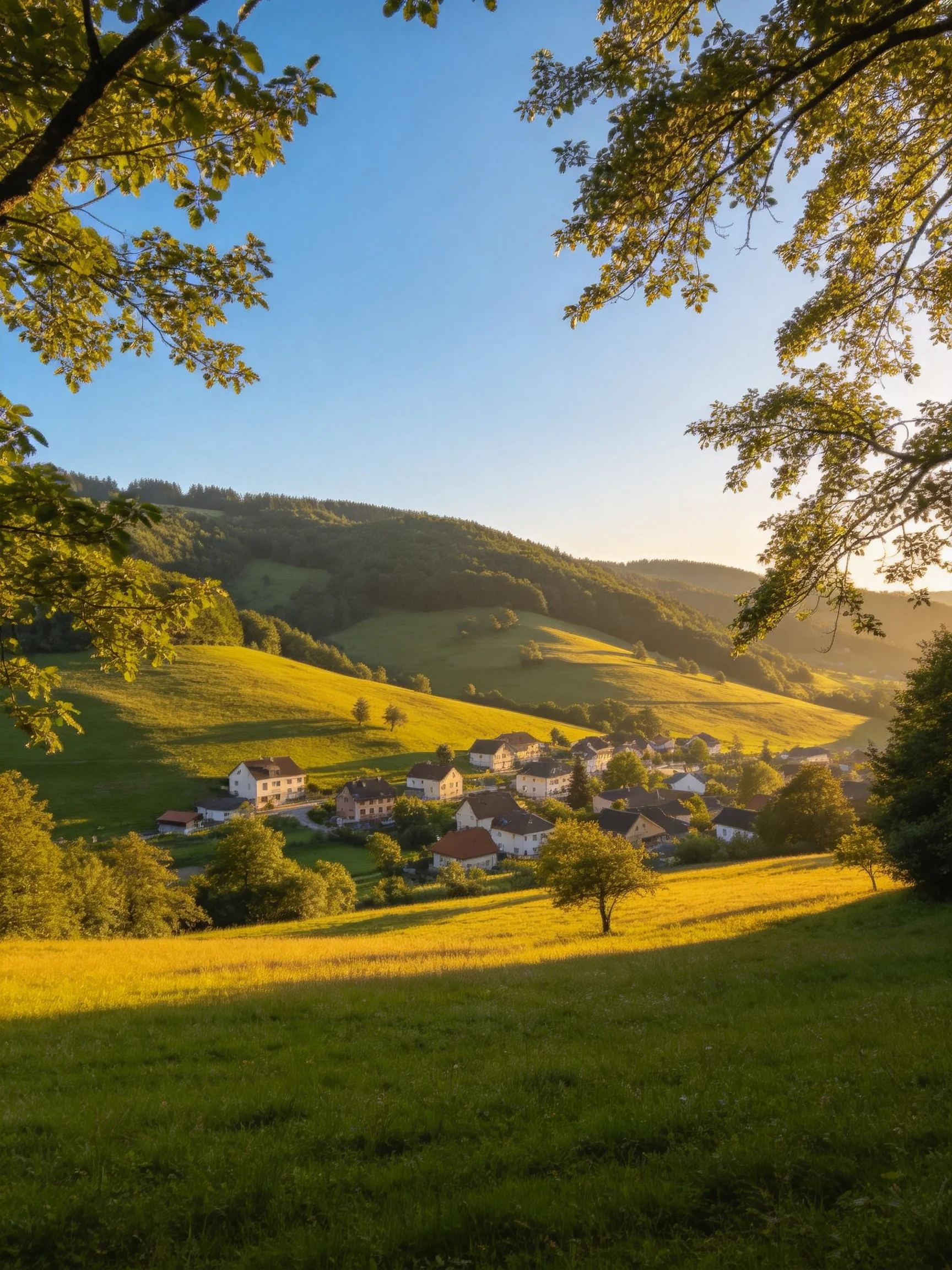 A Quaint Village Among Rolling Green Hills Under Golden Sunlight