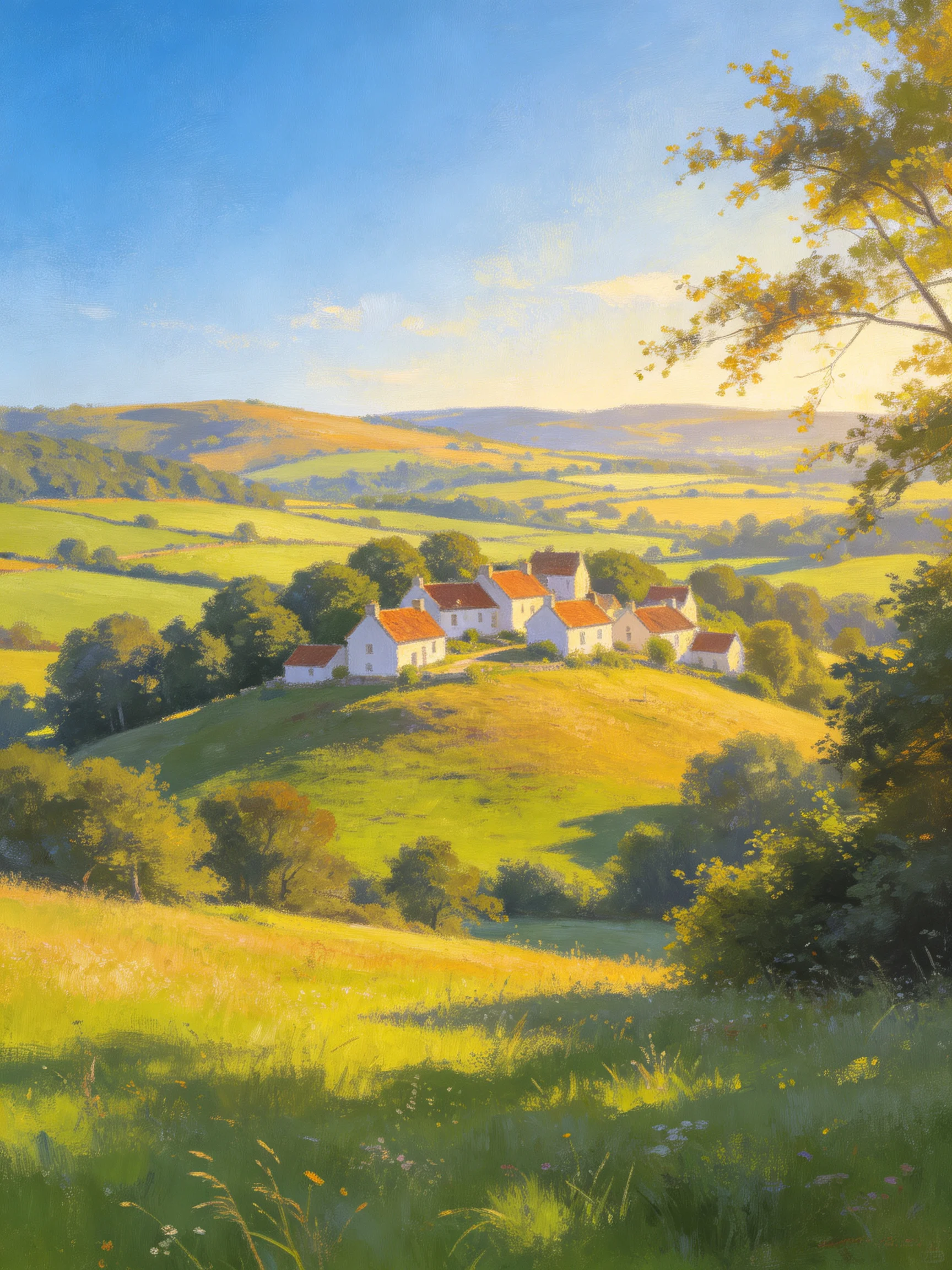 A Quaint Village with White Cottages on Rolling Green Hills