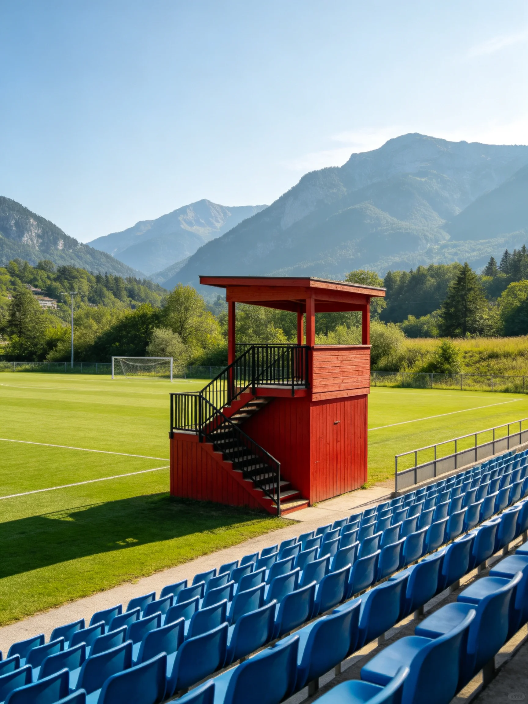 A Red Wooden Tower Near Blue Seats by a Soccer Field with Mountain Views