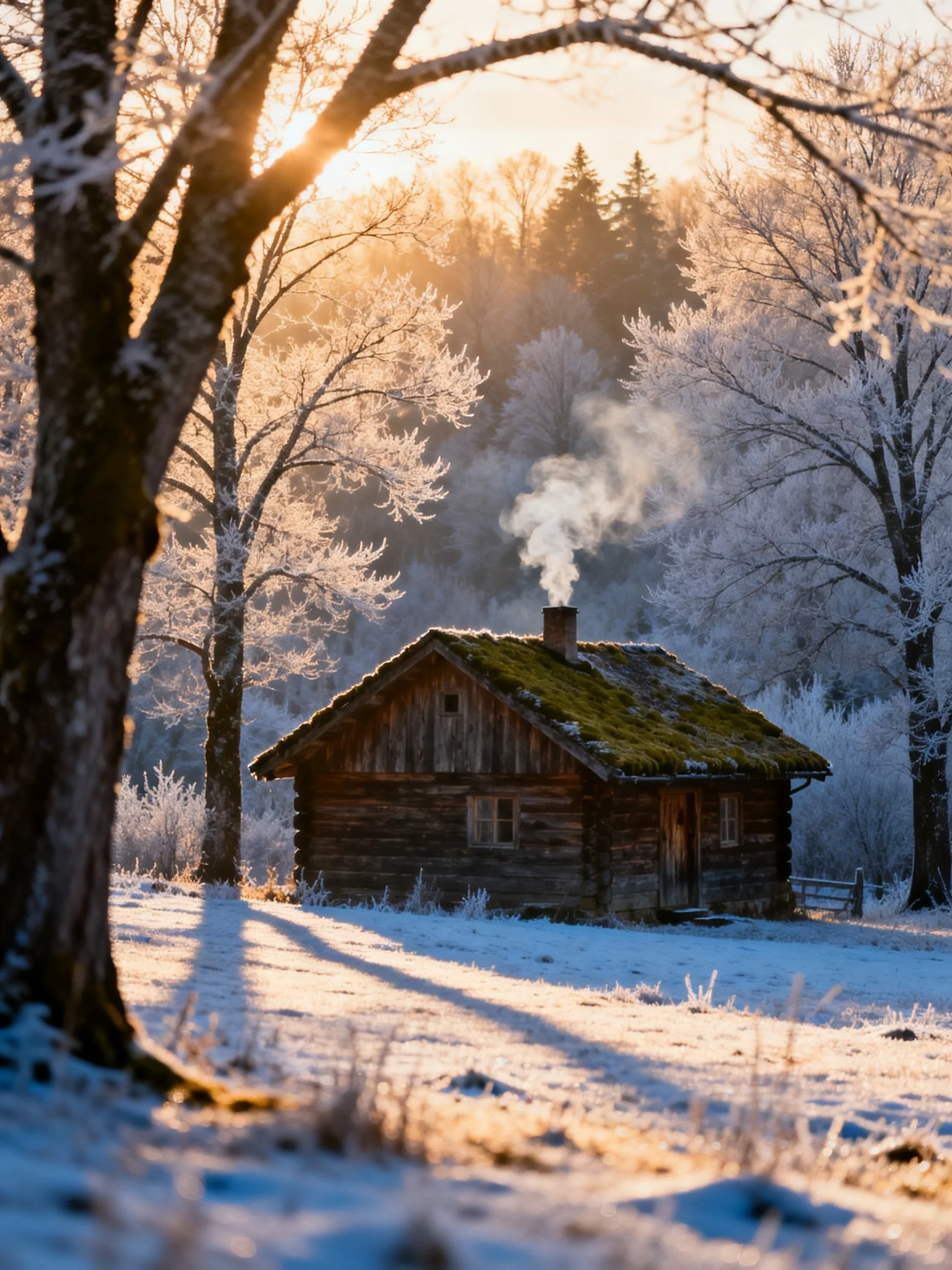 A Rustic Log Cabin Surrounded by Snow-Covered Frosty Trees