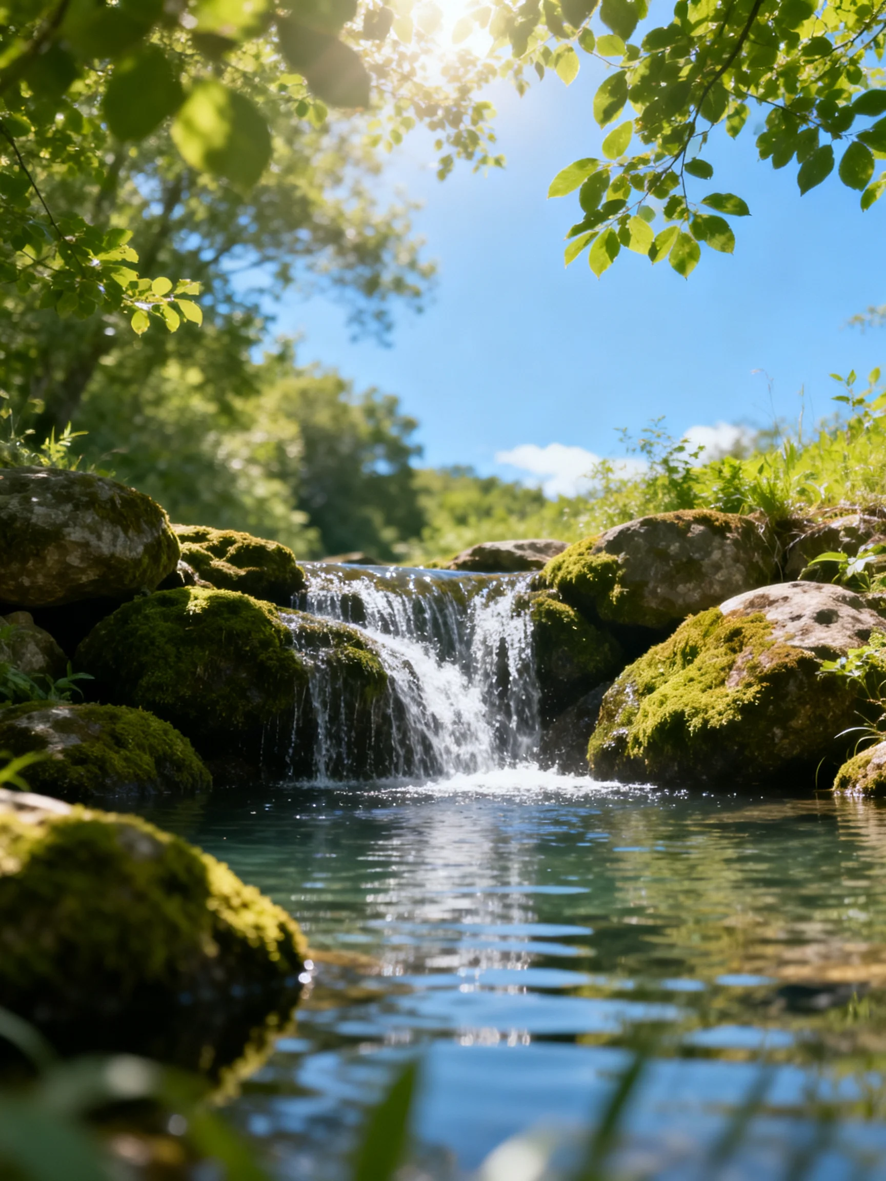 A Small Moss-Covered Waterfall in Sunlit Forest