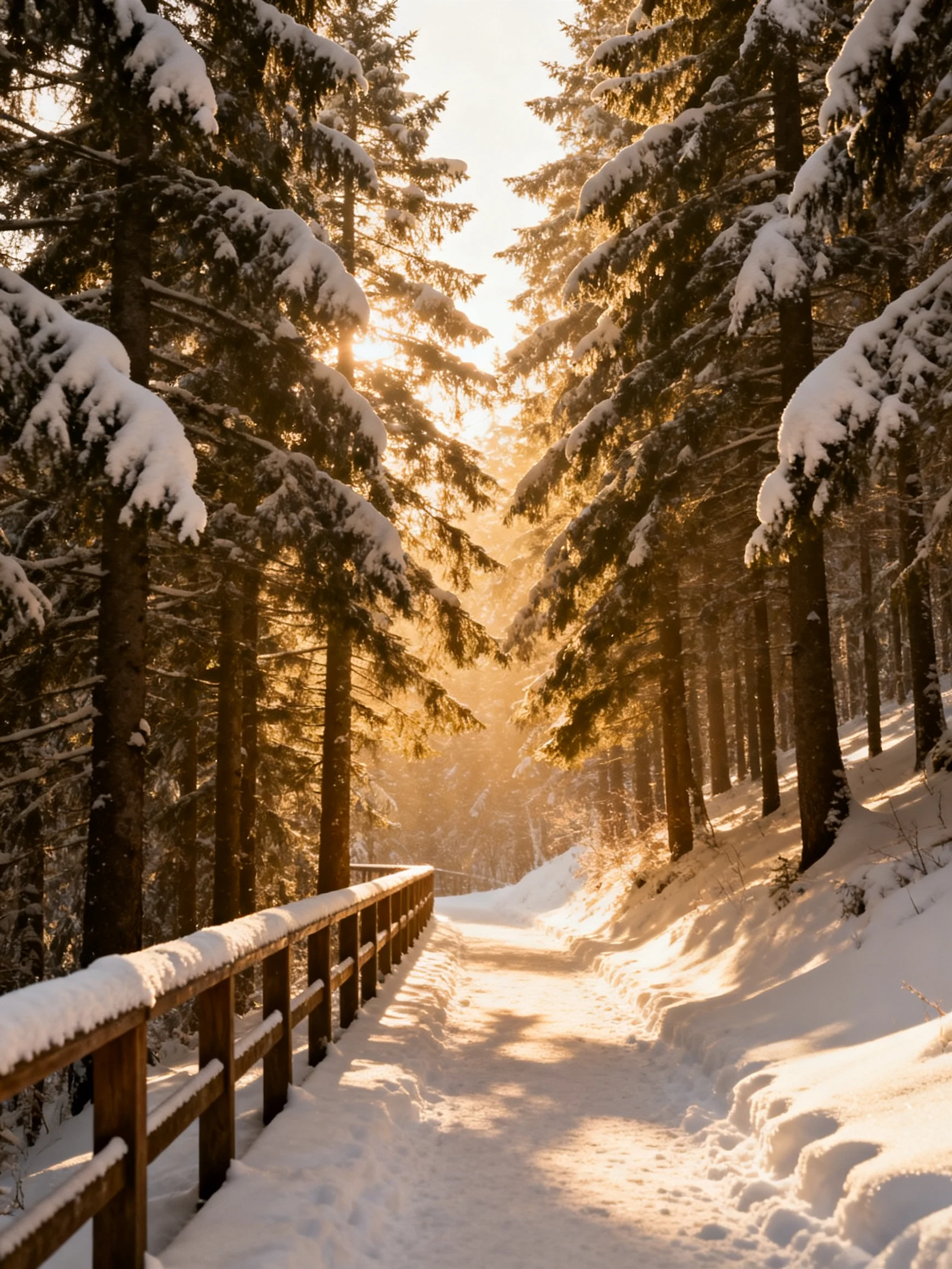 A Snow - Covered Forest Path With Golden Sunlight Through Tall Trees