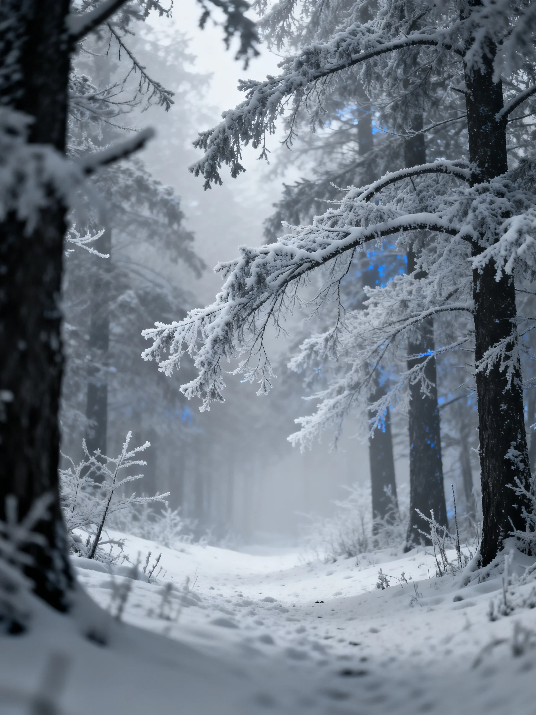A Snow-Covered Forest Path Among Frost-Laden Evergreens