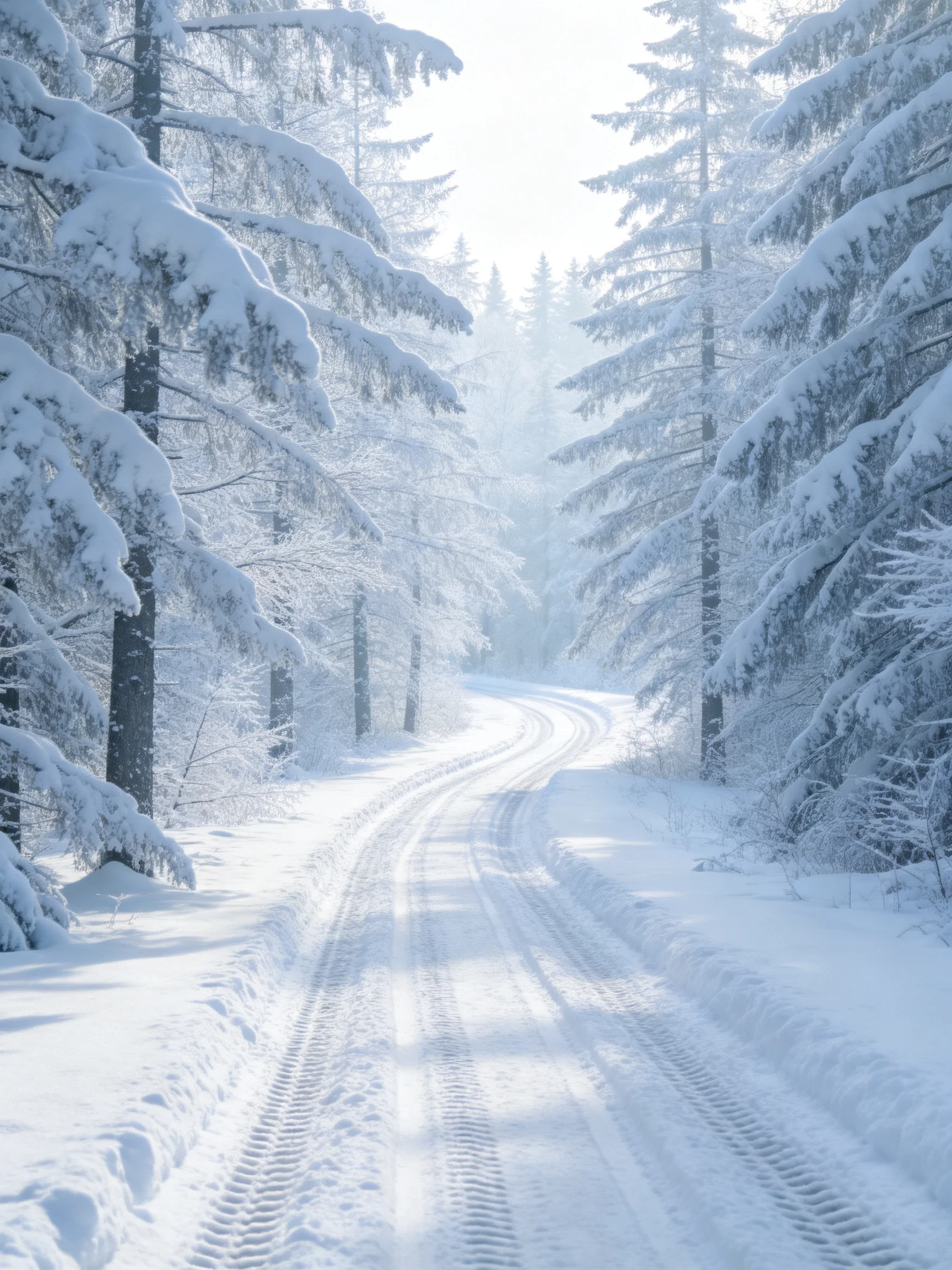A Snow-Covered Forest Path Among Tall Evergreen Trees