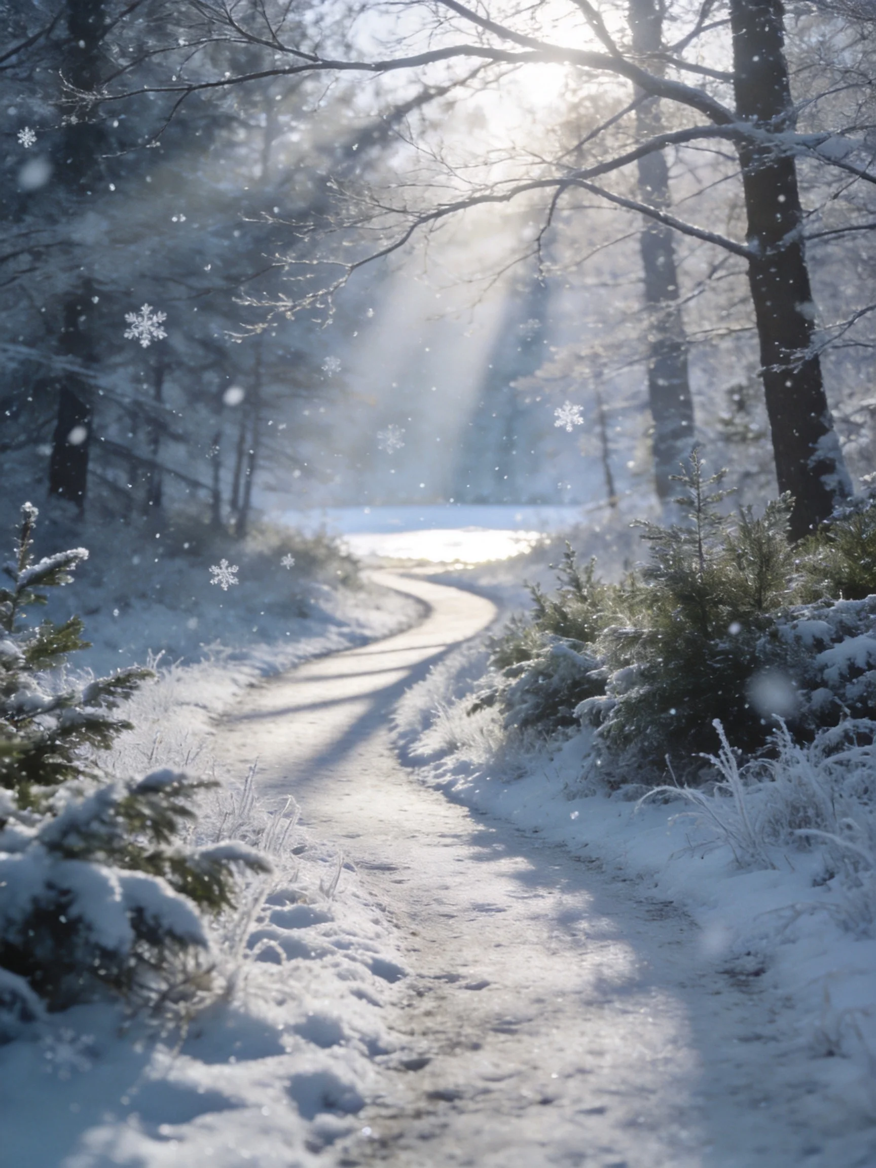 A Snow-Covered Forest Path Illuminated by Sunbeams and Falling Snowflakes