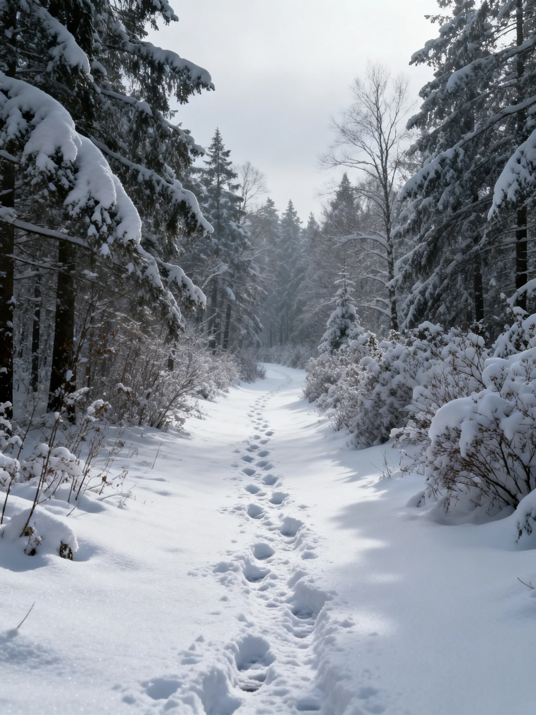 A Snow-Covered Forest Path With Footprints Among Snow-Laden Evergreens