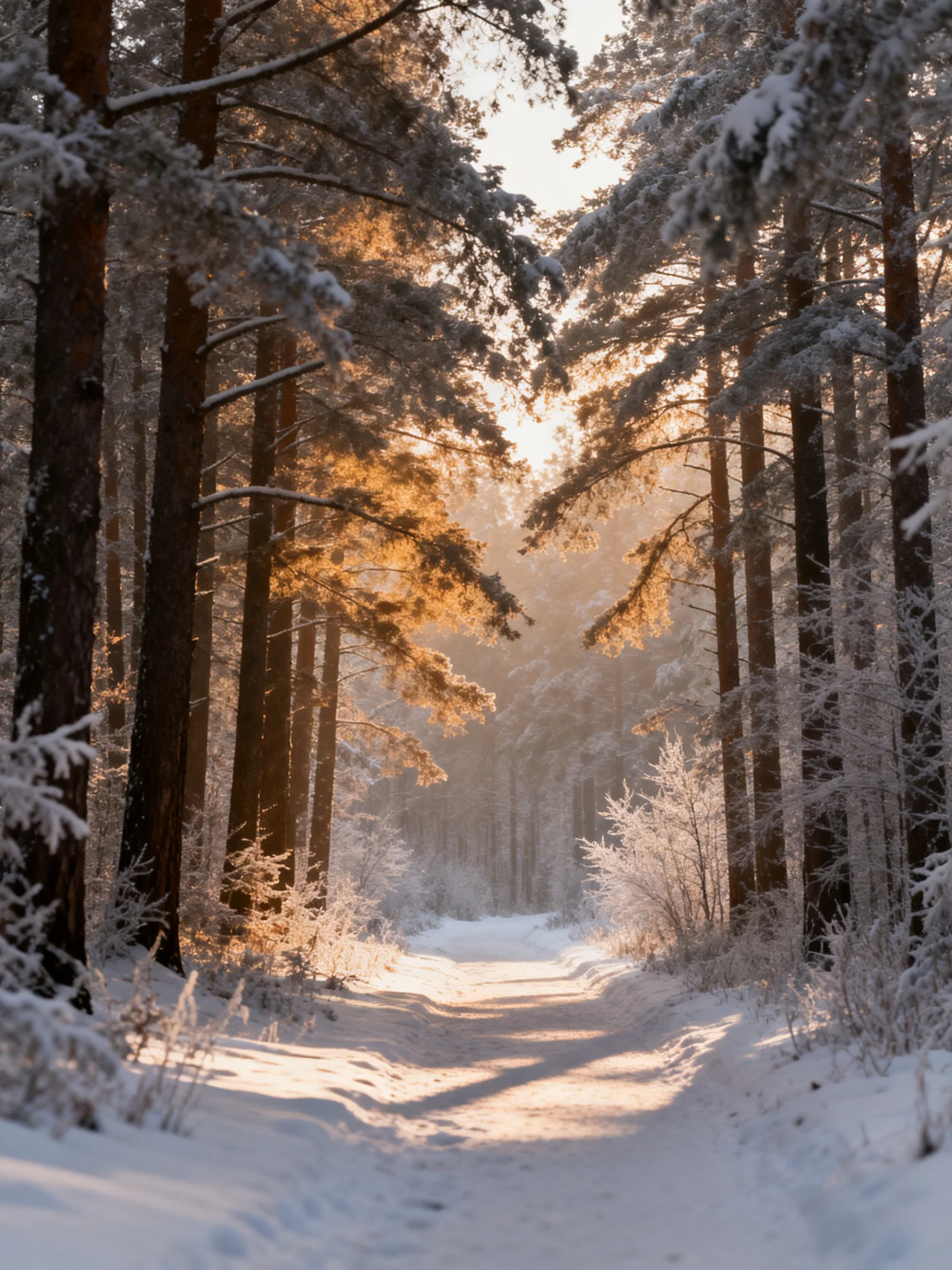 A Snow-Covered Forest Path With Golden Sunlight Filtering Through Trees