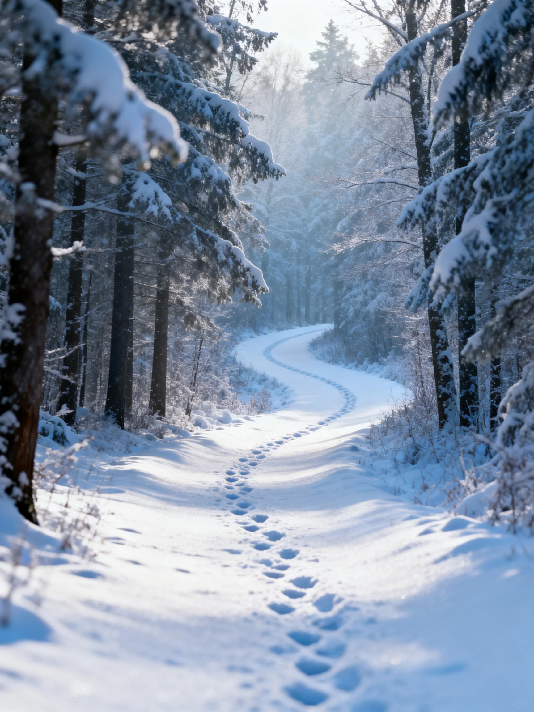 A Snow-Covered Forest Path With Winding Trail and Footprints