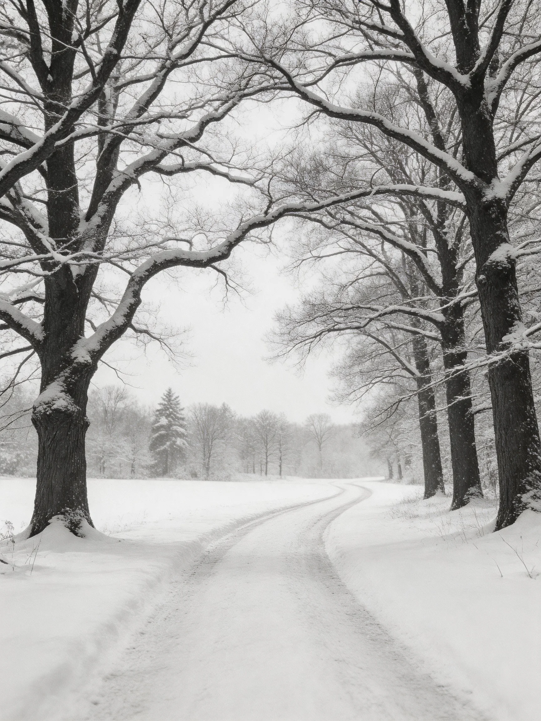 A Snow-Covered Lane Between Tall Snow-Laden Trees
