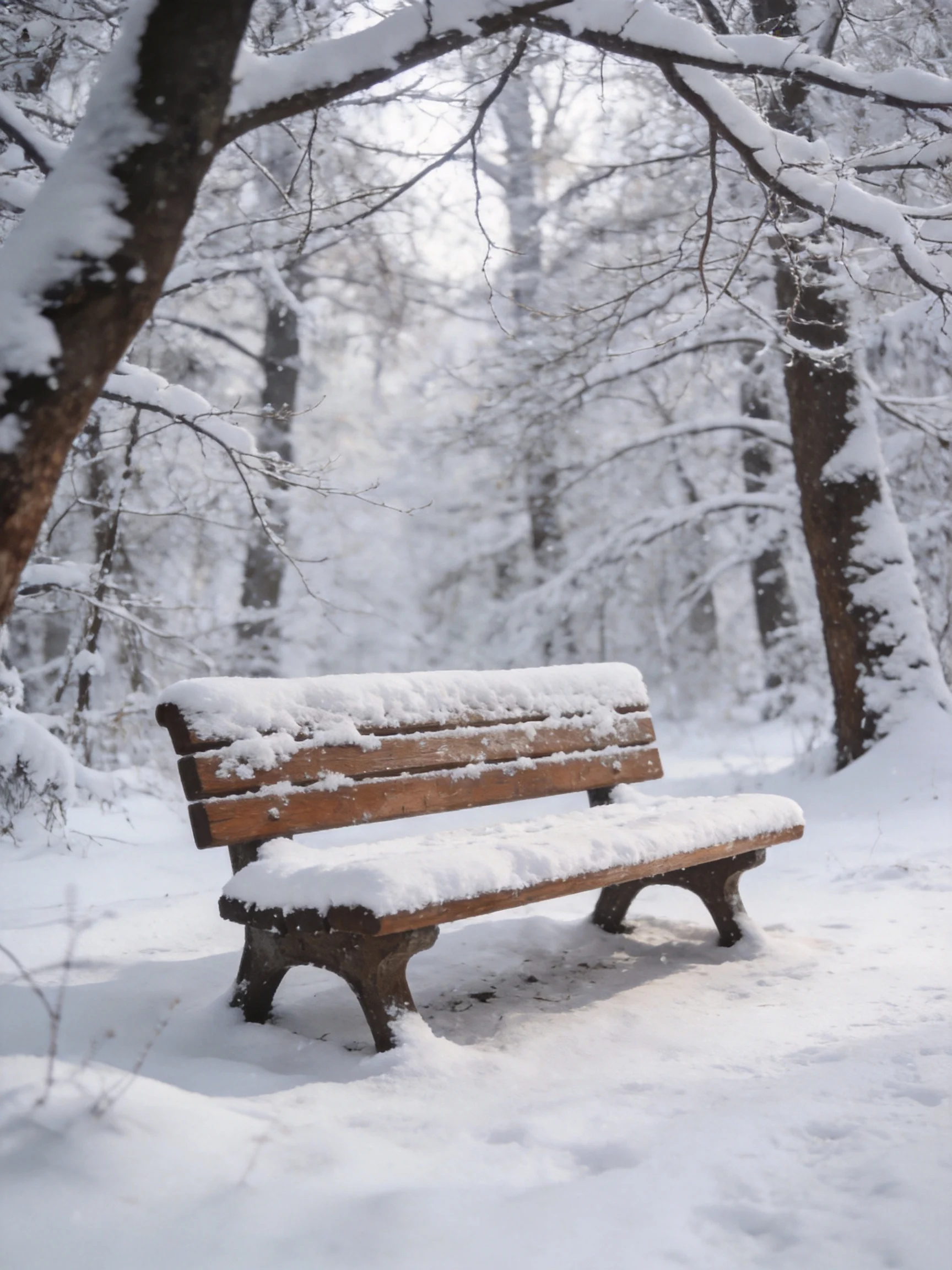 A Snow-Covered Wooden Bench in a Silent Winter Forest