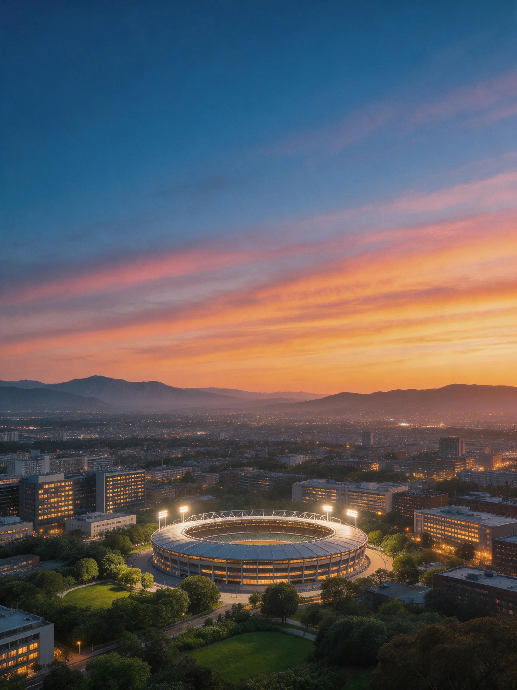 A Stadium Lit at Dusk Amidst a Colorful Evening Sky