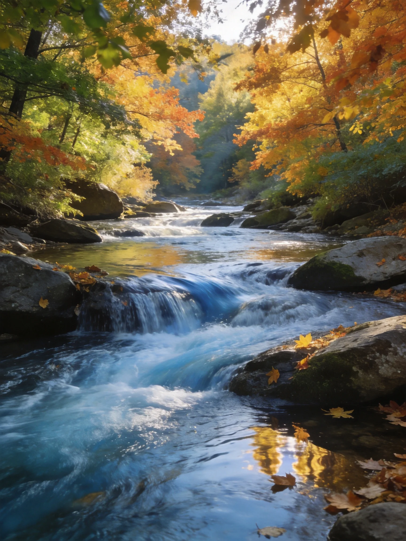 A Stream With Rapids Among Autumn Trees and Boulders