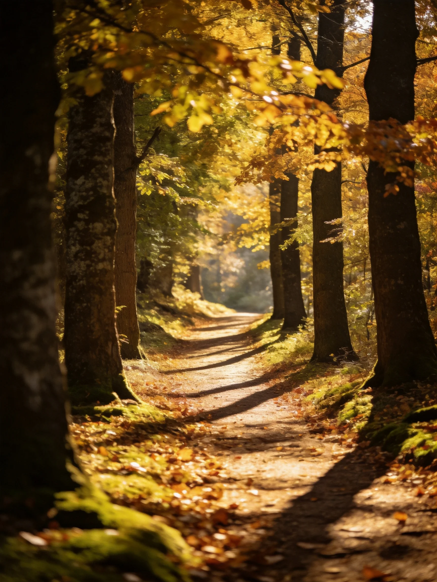 A Sun-Dappled Forest Path With Golden Autumn Foliage