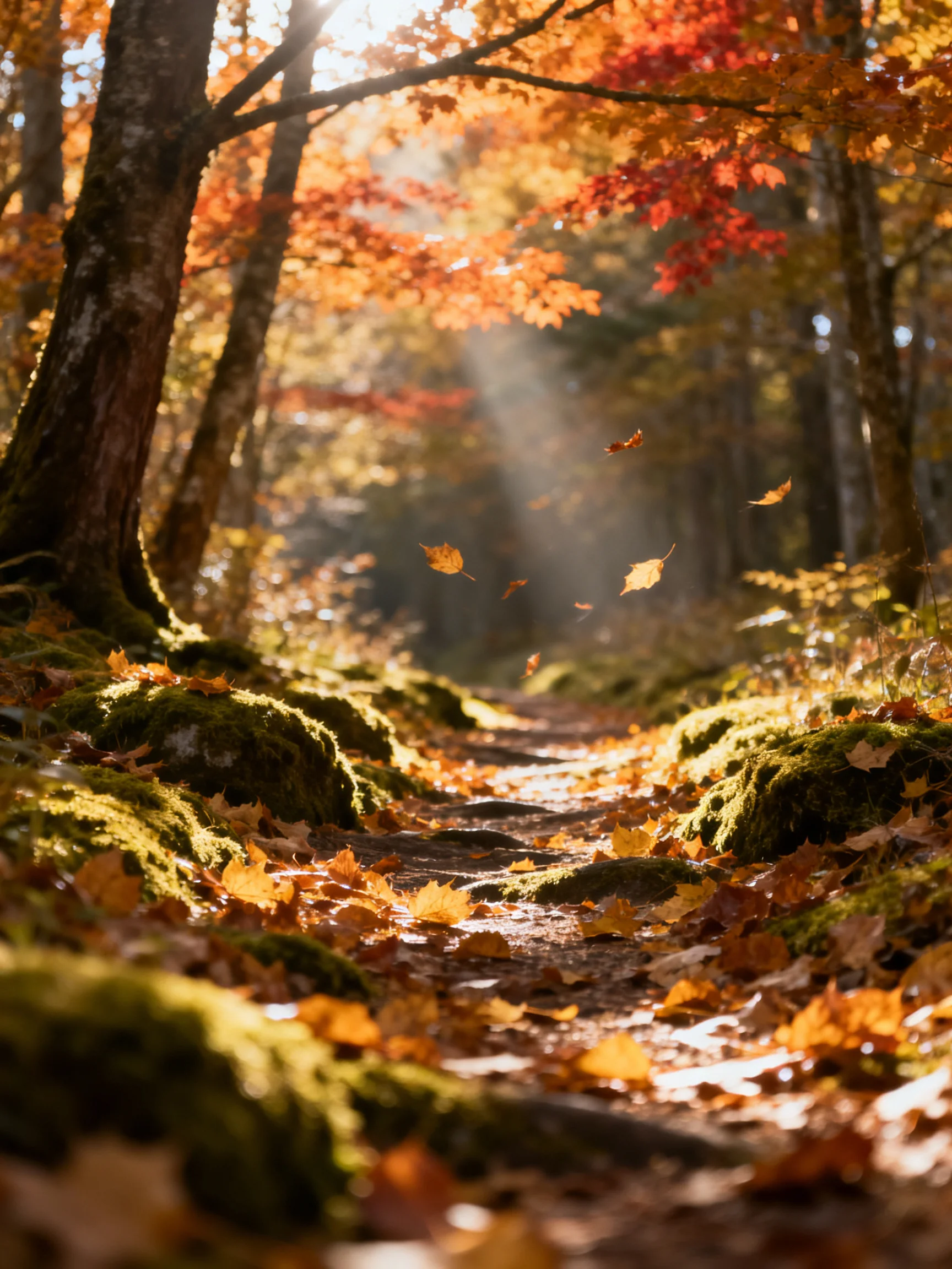 A Sunlit Autumn Forest Path Littered With Golden Leaves and Mossy Rocks