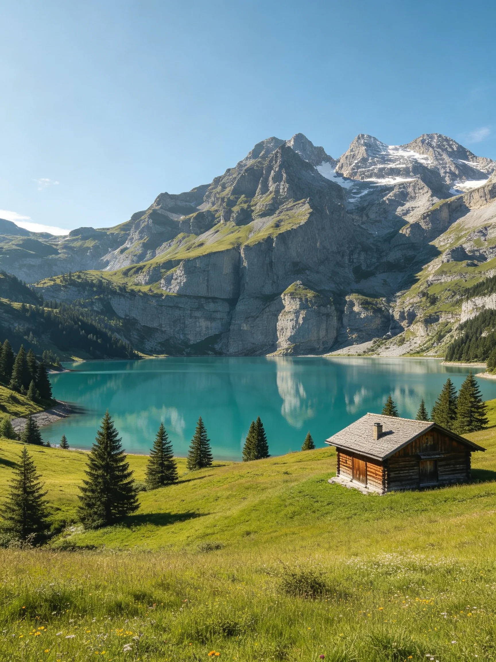 A Turquoise Lake Framed by Majestic Gray Mountains and a Wooden Cabin