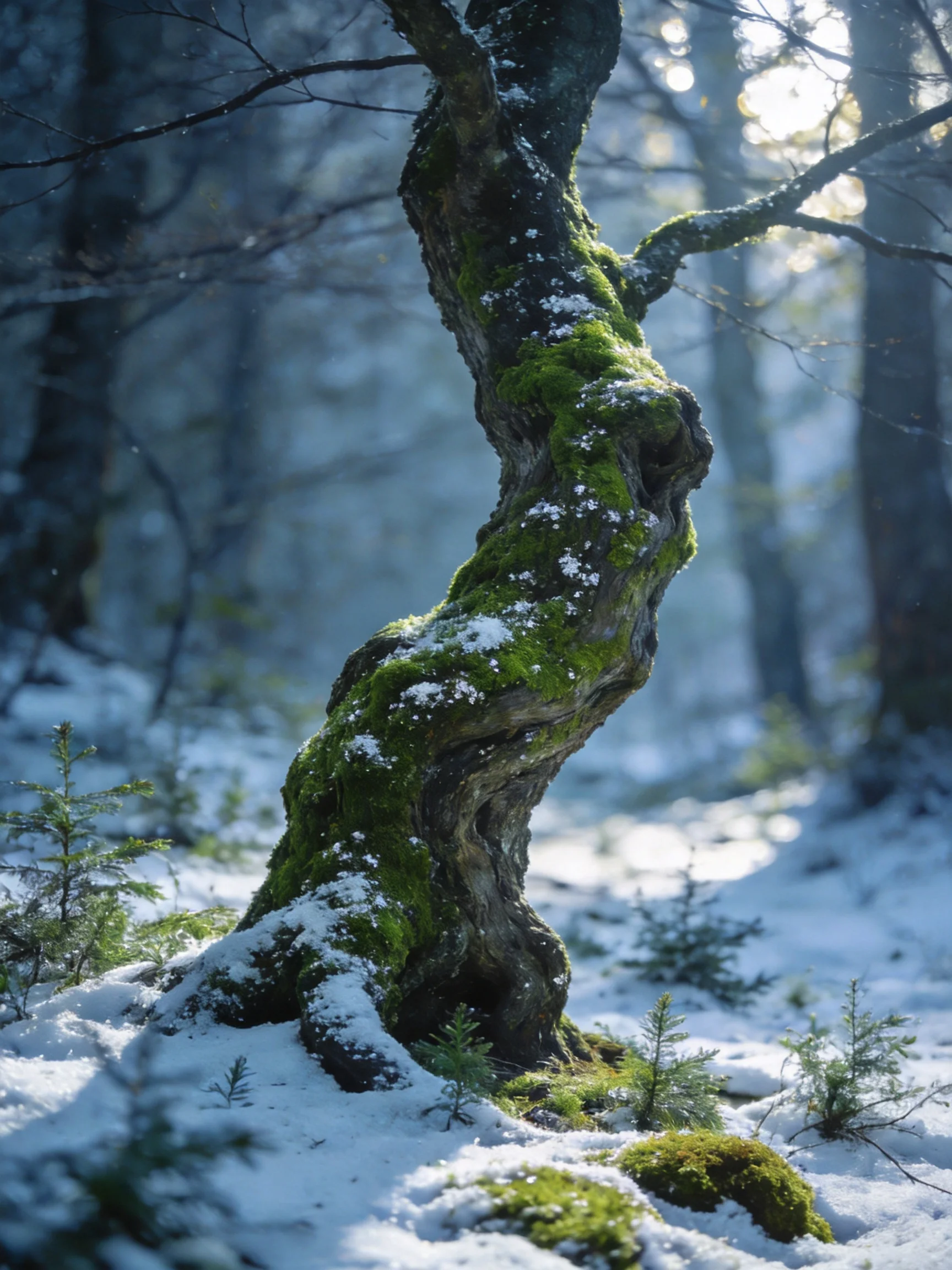 A Twisted Moss-Covered Tree in a Snow-Dusted Forest