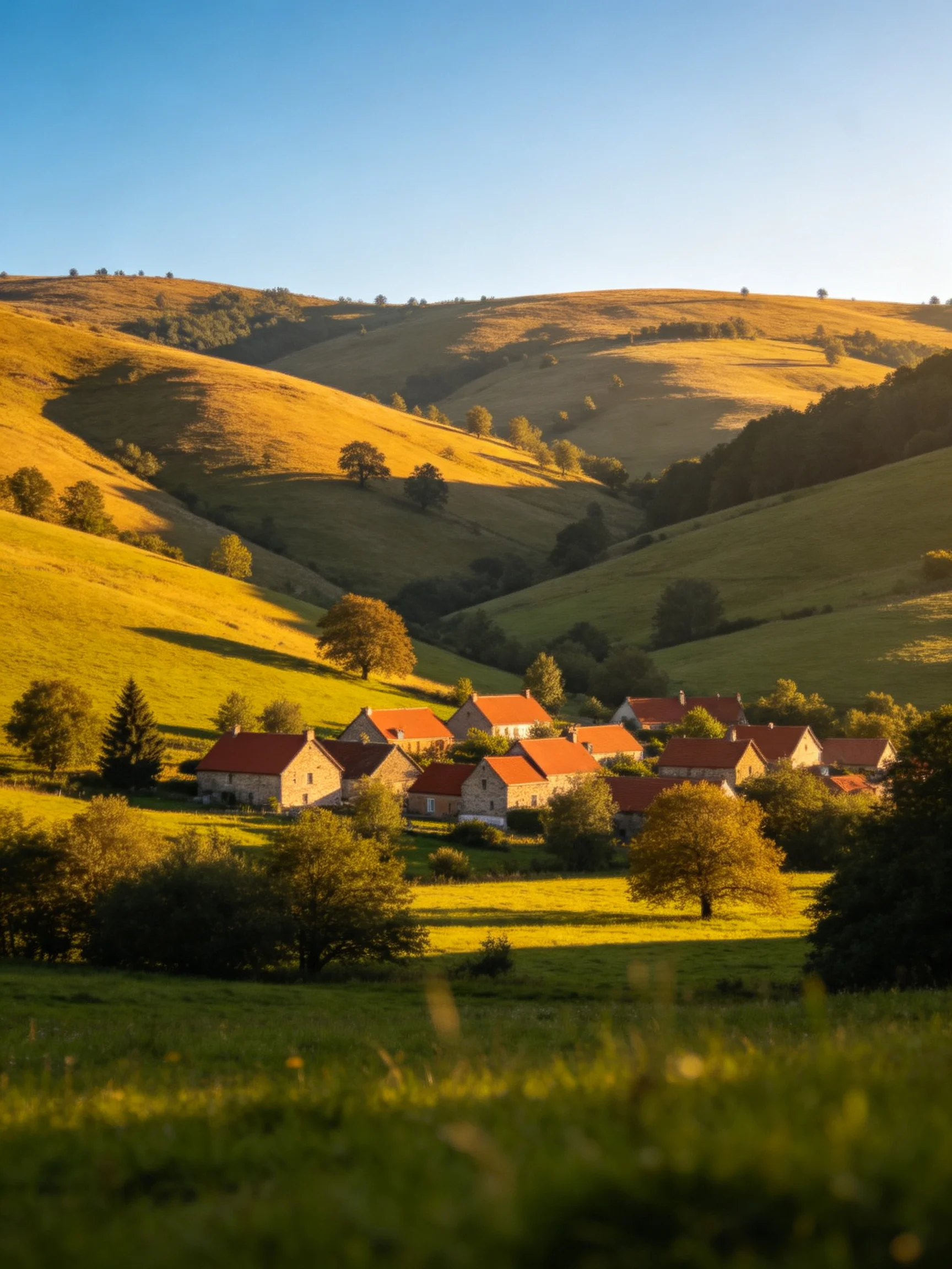 A Village with Red Roofs Among Golden Rolling Hills