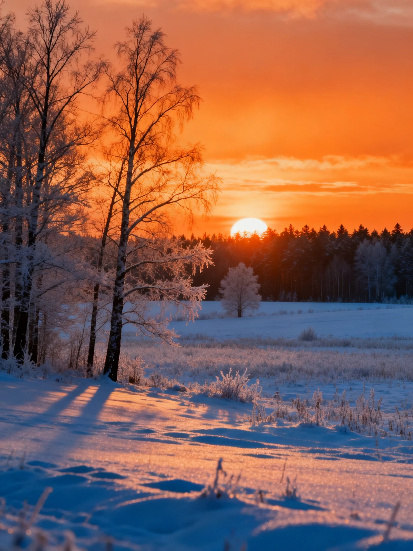 A Winter Sunset Over Snow-Covered Fields and Frosty Trees