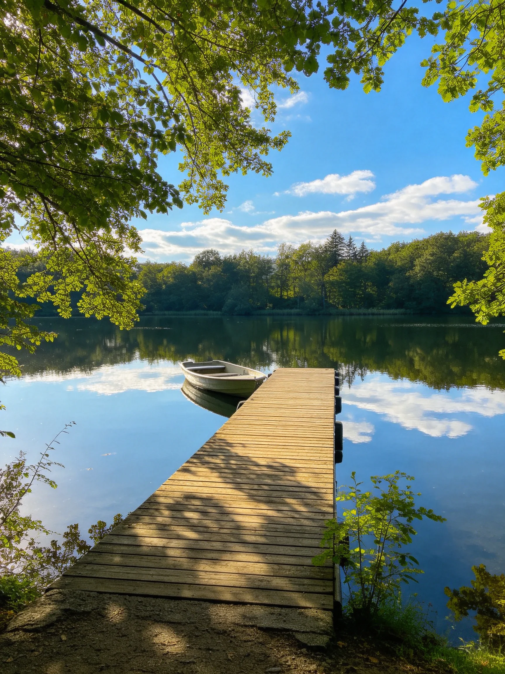 A Wooden Dock Extends Over a Calm Lake With a Boat Nearby