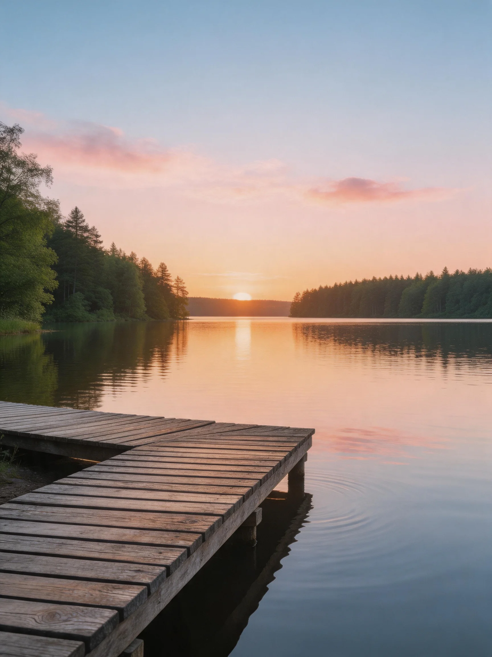 A Wooden Dock Extends Over a Calm Lake at Sunset