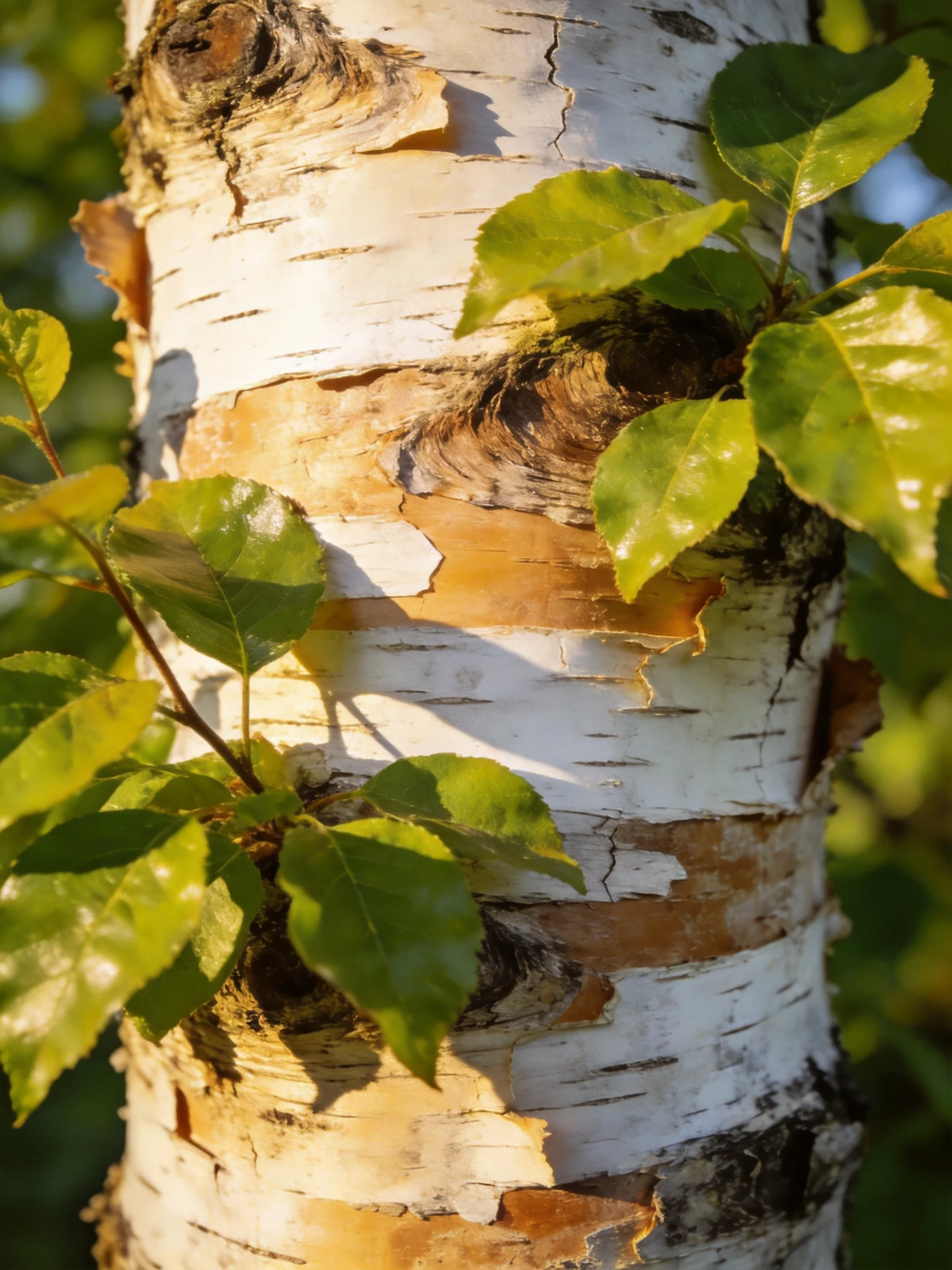 A birch tree trunk with peeling white bark and vibrant green foliage