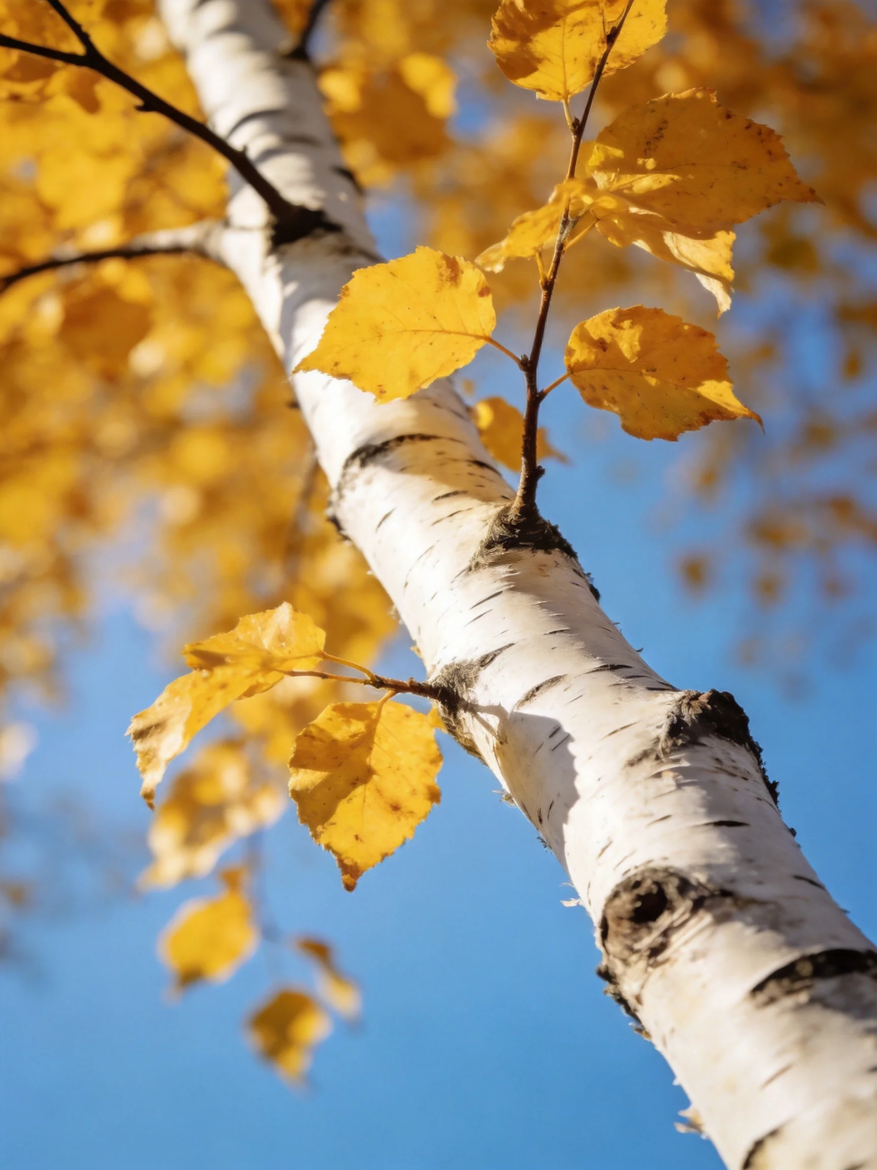 A birch tree with golden autumn leaves against a clear blue sky