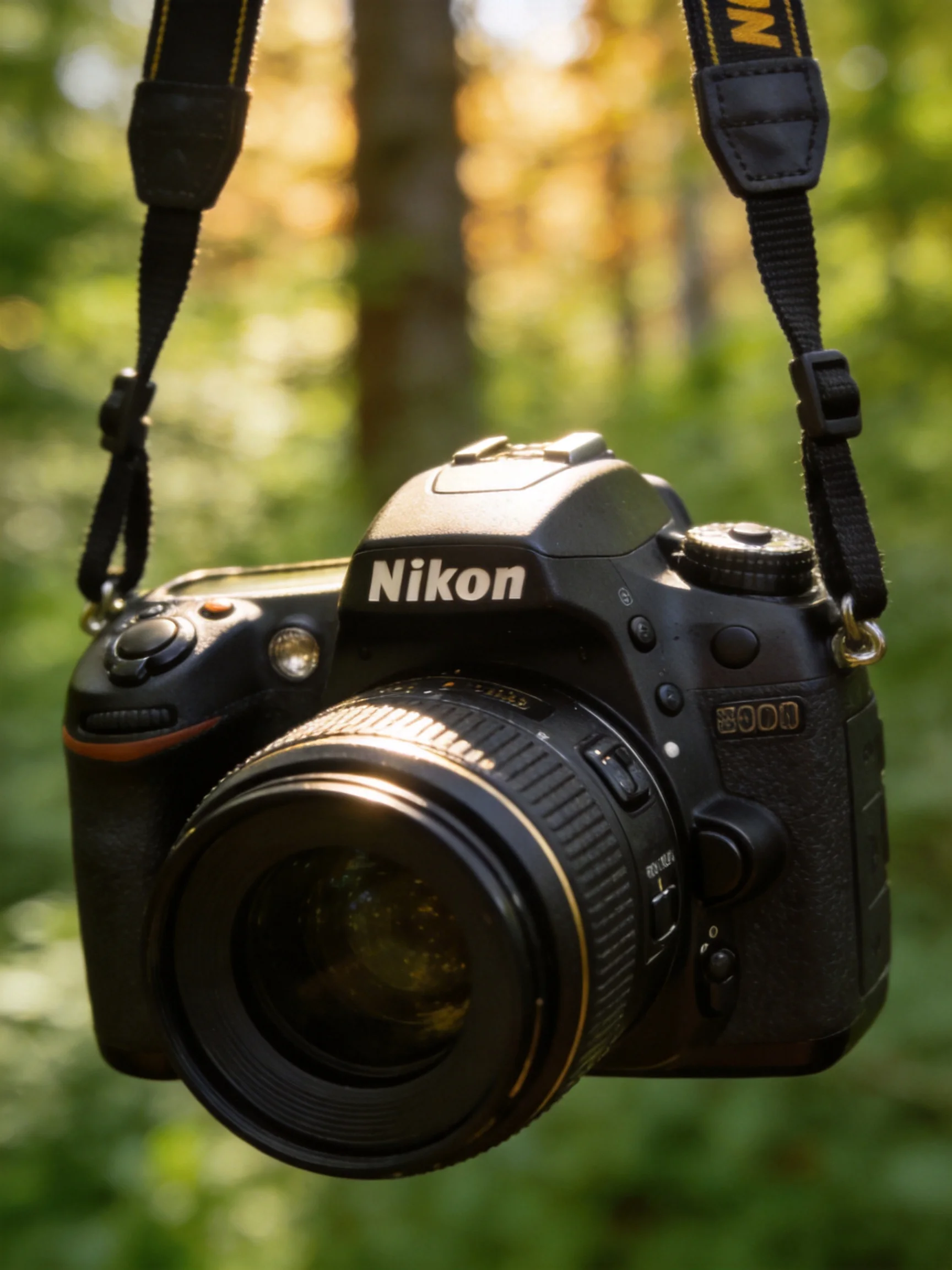 A black Nikon DSLR camera hangs from a strap in a sunlit forest setting