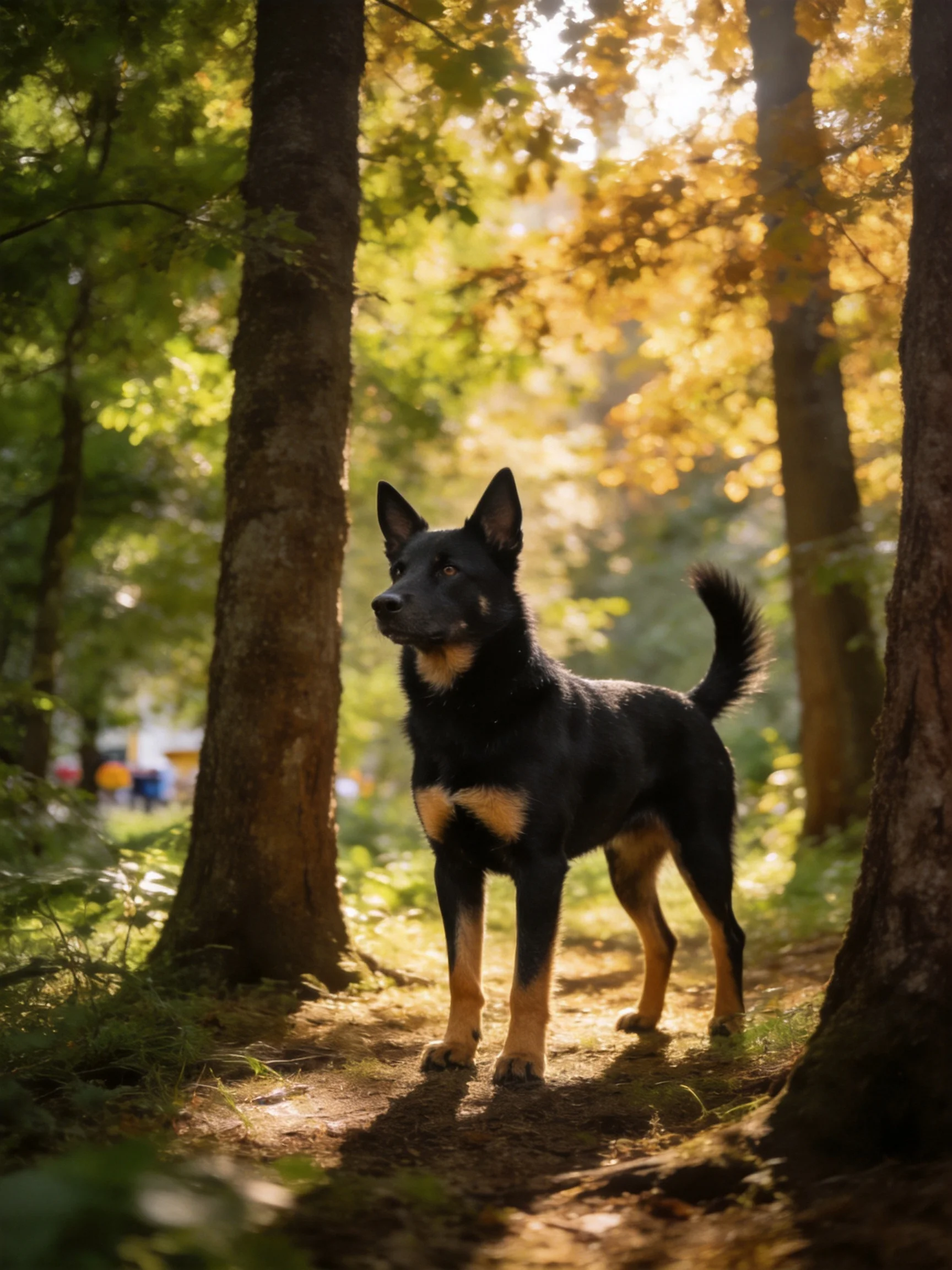 A black and tan dog stands amid tall trees in golden sunlight