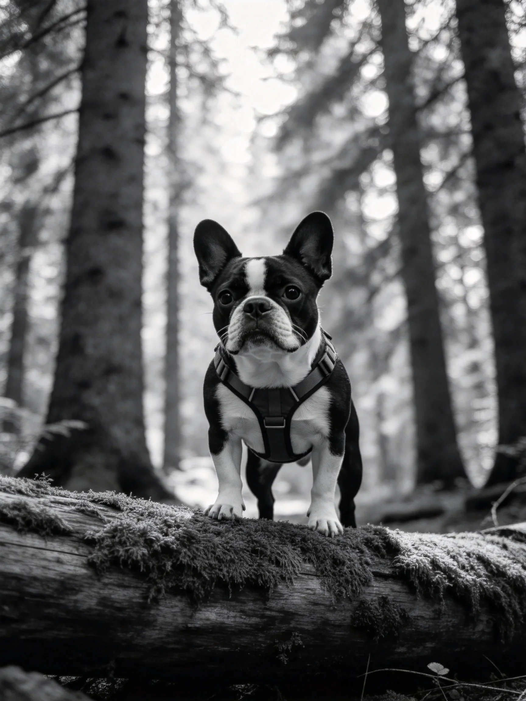 A black-and-white French bulldog stands on a mossy fallen tree trunk in a forest