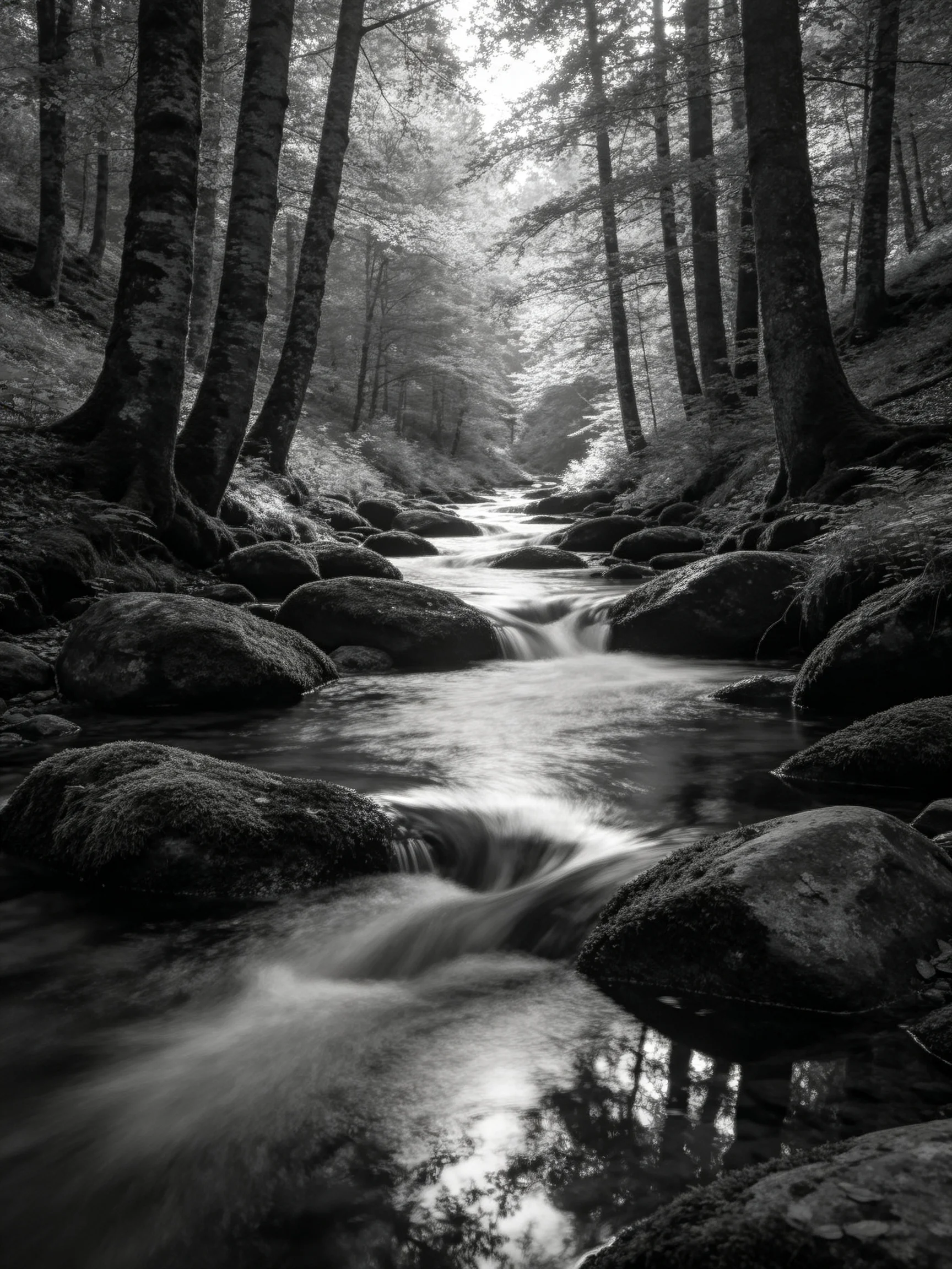 A black-and-white forest stream with mossy rocks and tall trees
