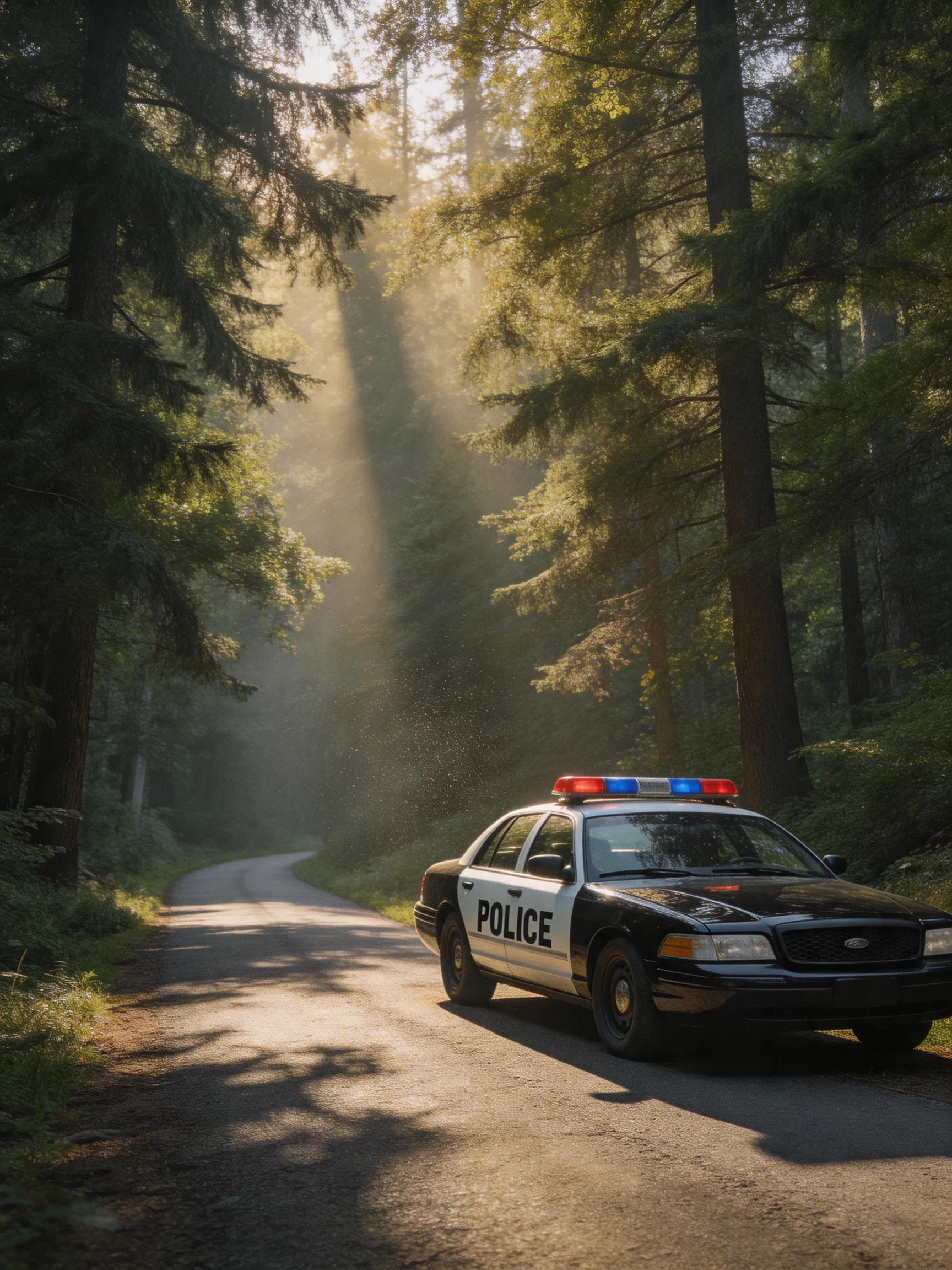 A black-and-white police car on a sunlit forest road