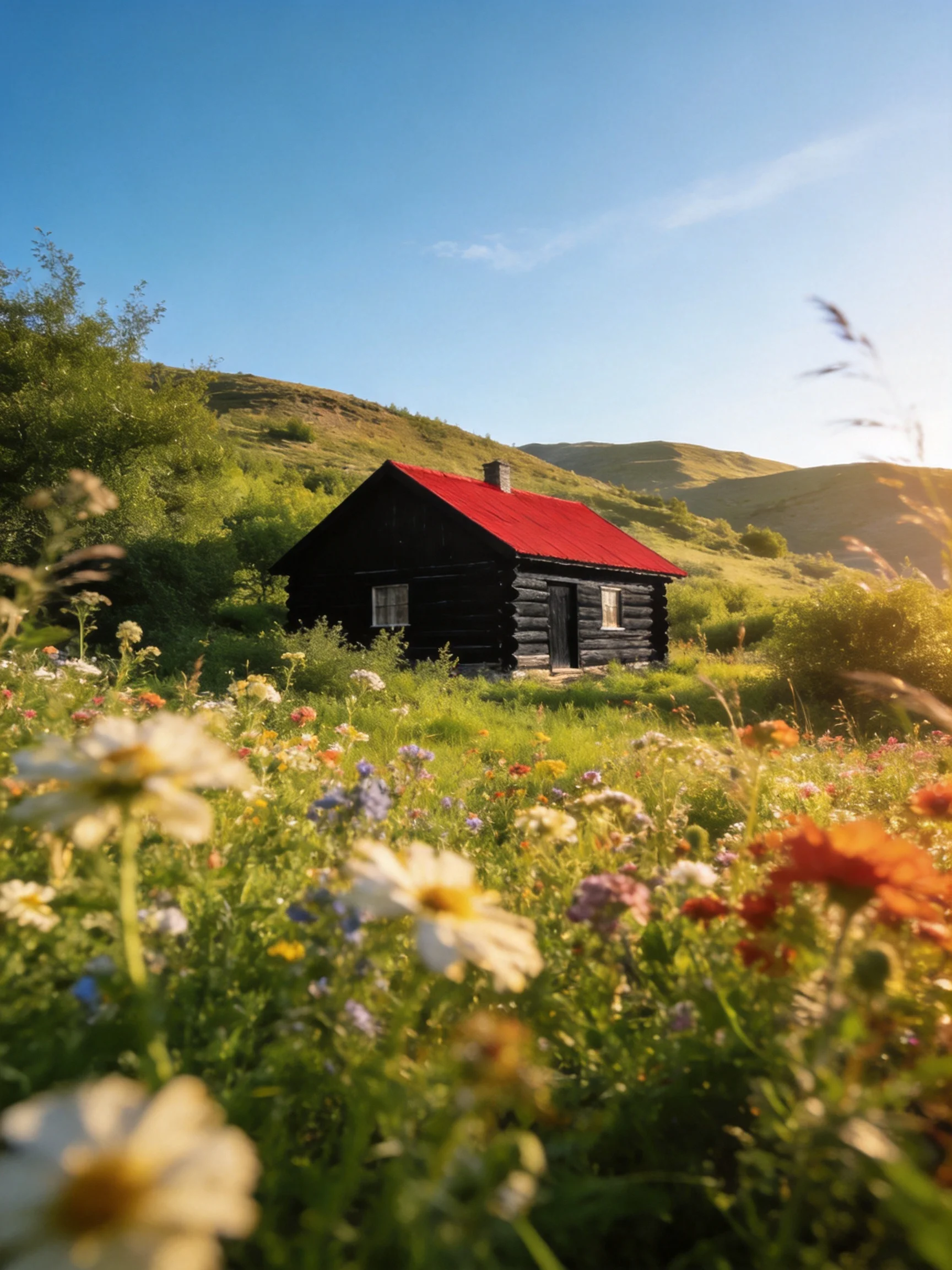 A black log cabin with red roof amid vibrant wildflowers and rolling green hills