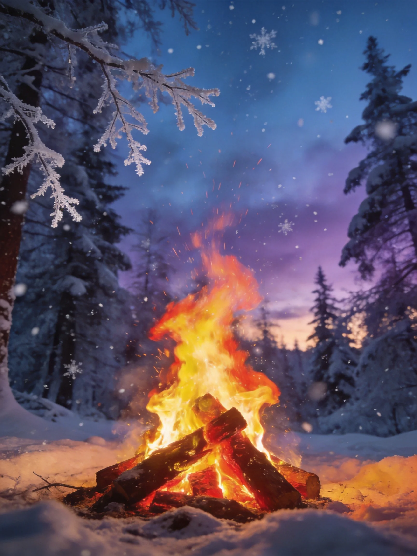 A blazing campfire illuminates a snow-covered winter forest at dusk