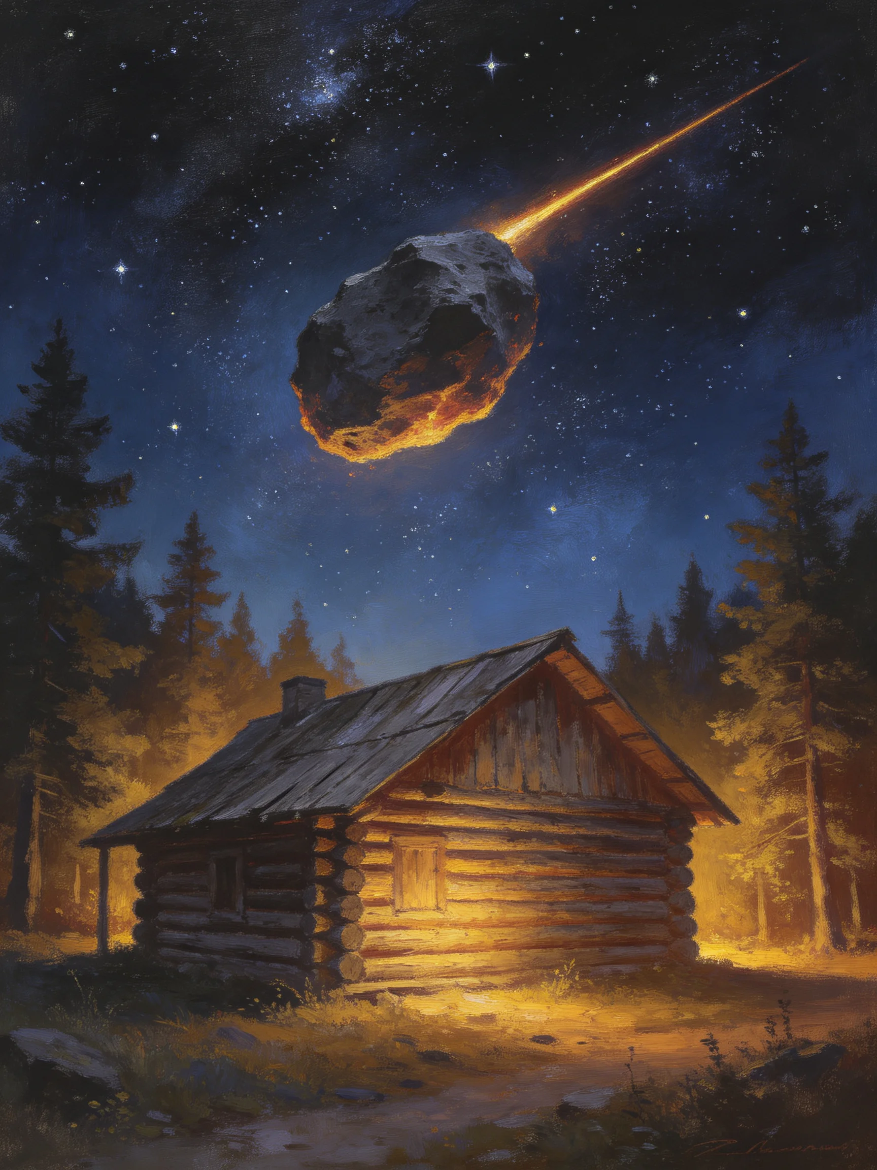 A blazing meteor approaches a wooden cabin amid a starry forest night