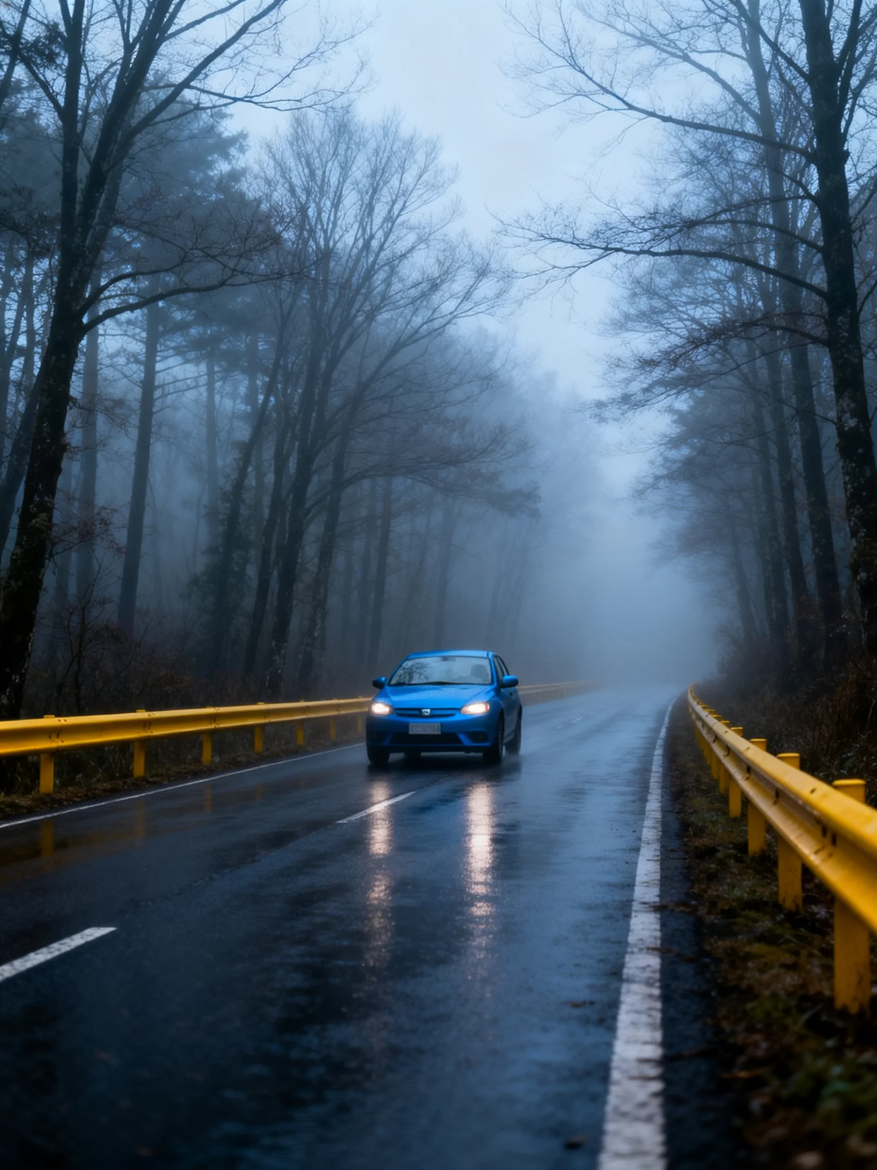 A blue car travels down a misty forested highway with yellow guardrails