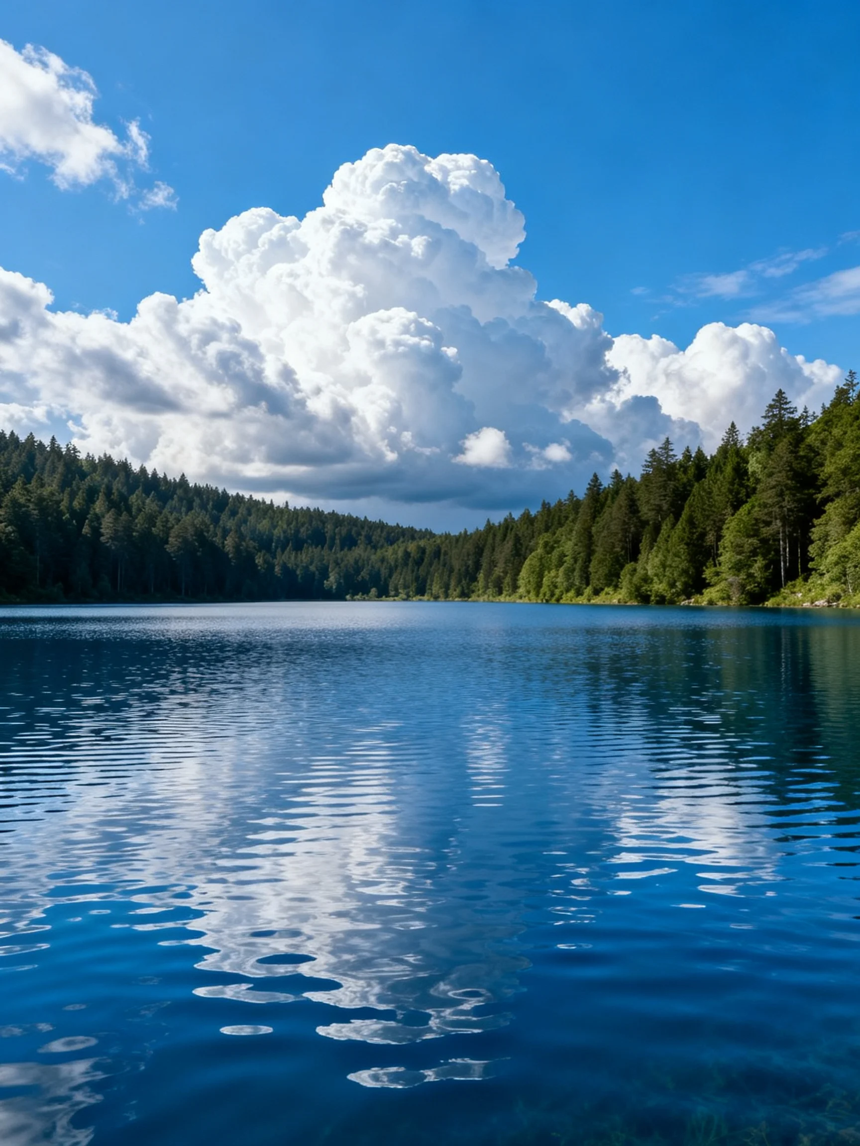 A blue lake reflects white clouds beside dense green forests