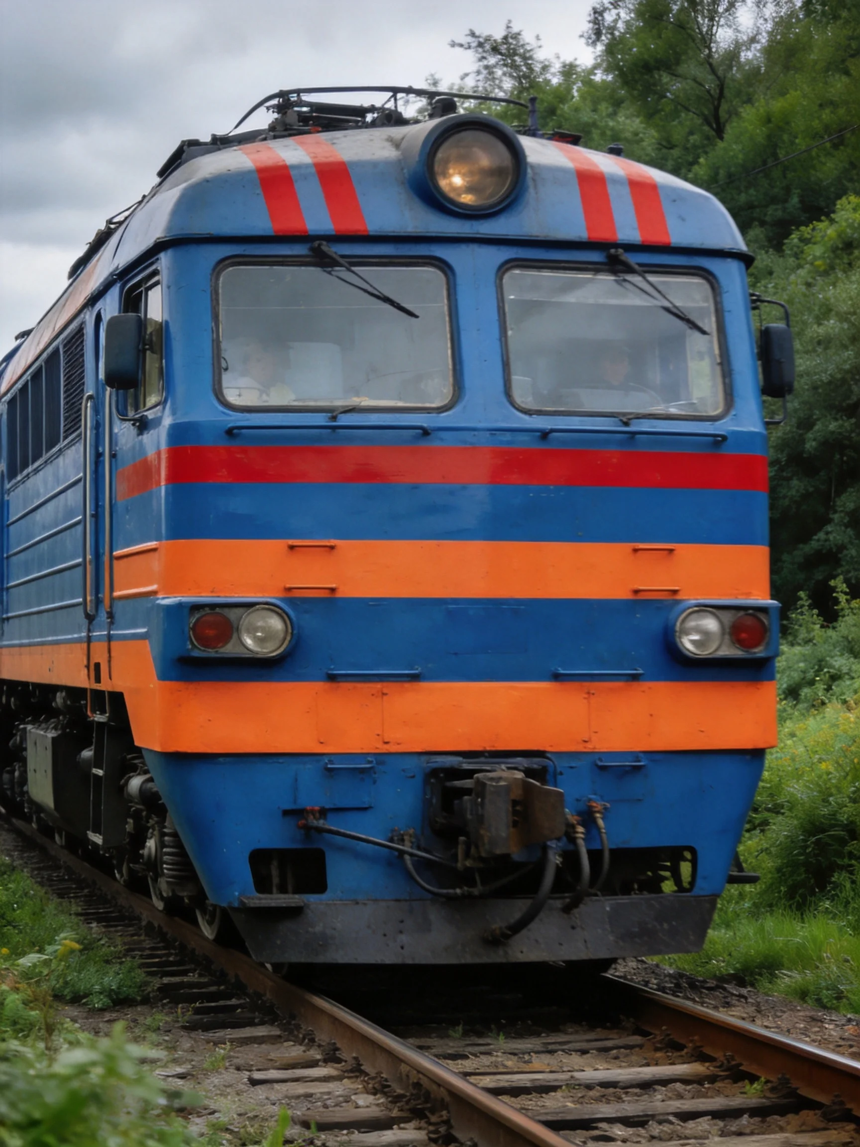 A blue locomotive with bold orange and red stripes on railway tracks
