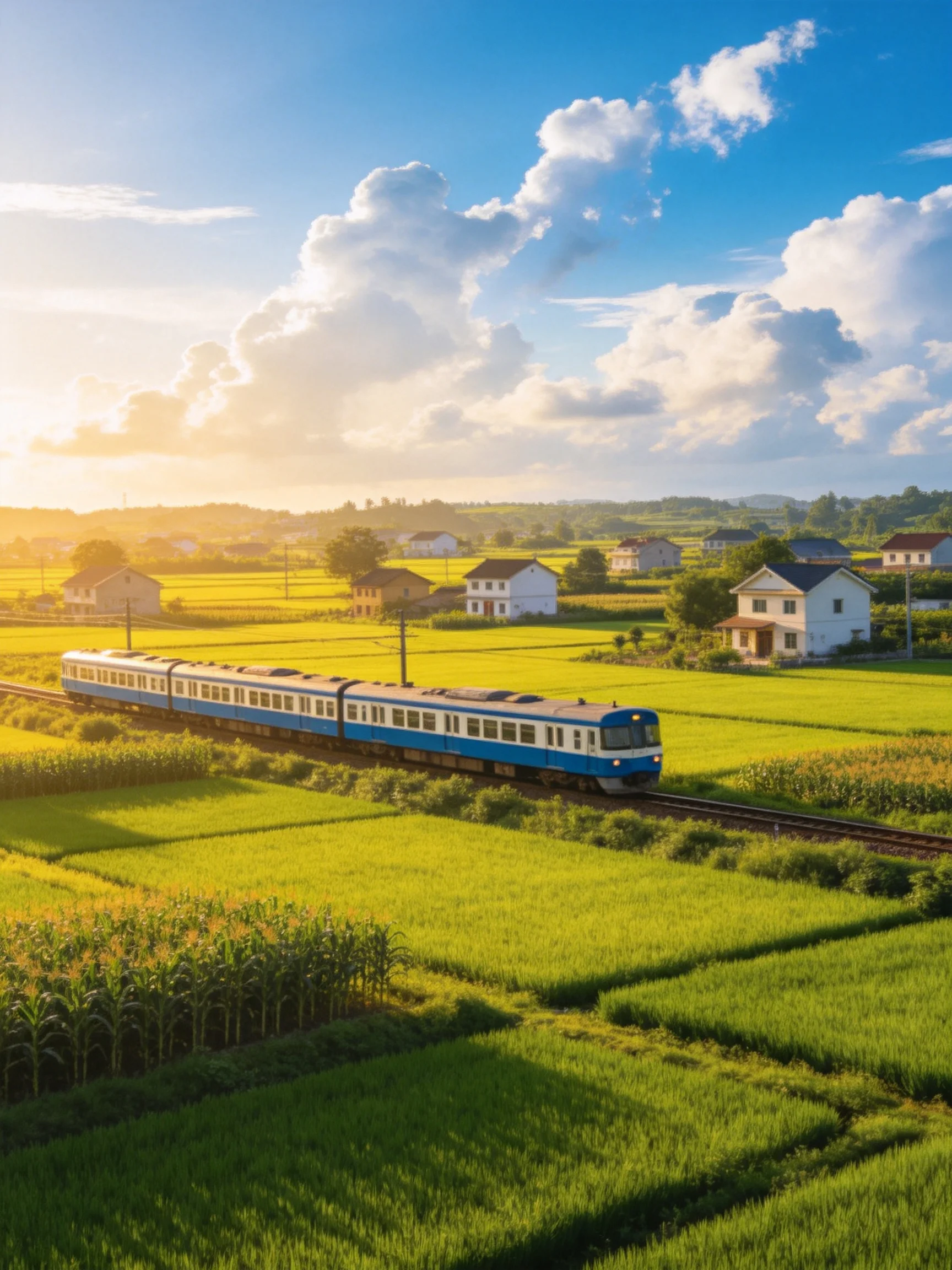 A blue train travels through vibrant green farmland near white houses
