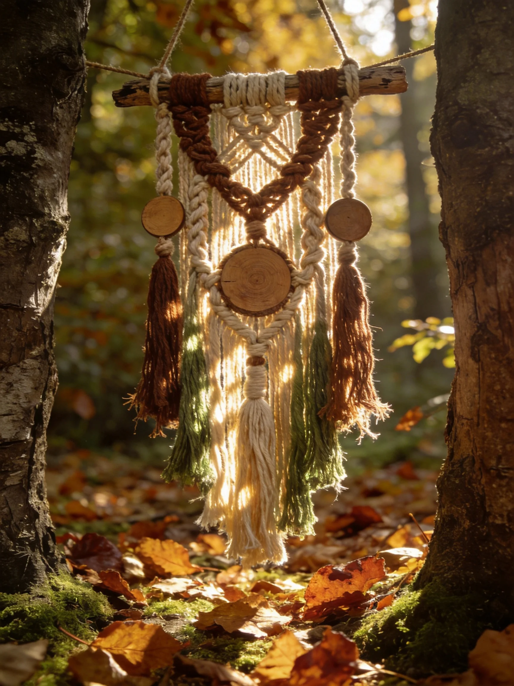A bohemian macrame wall hanging with wooden discs and tassels in an autumn forest