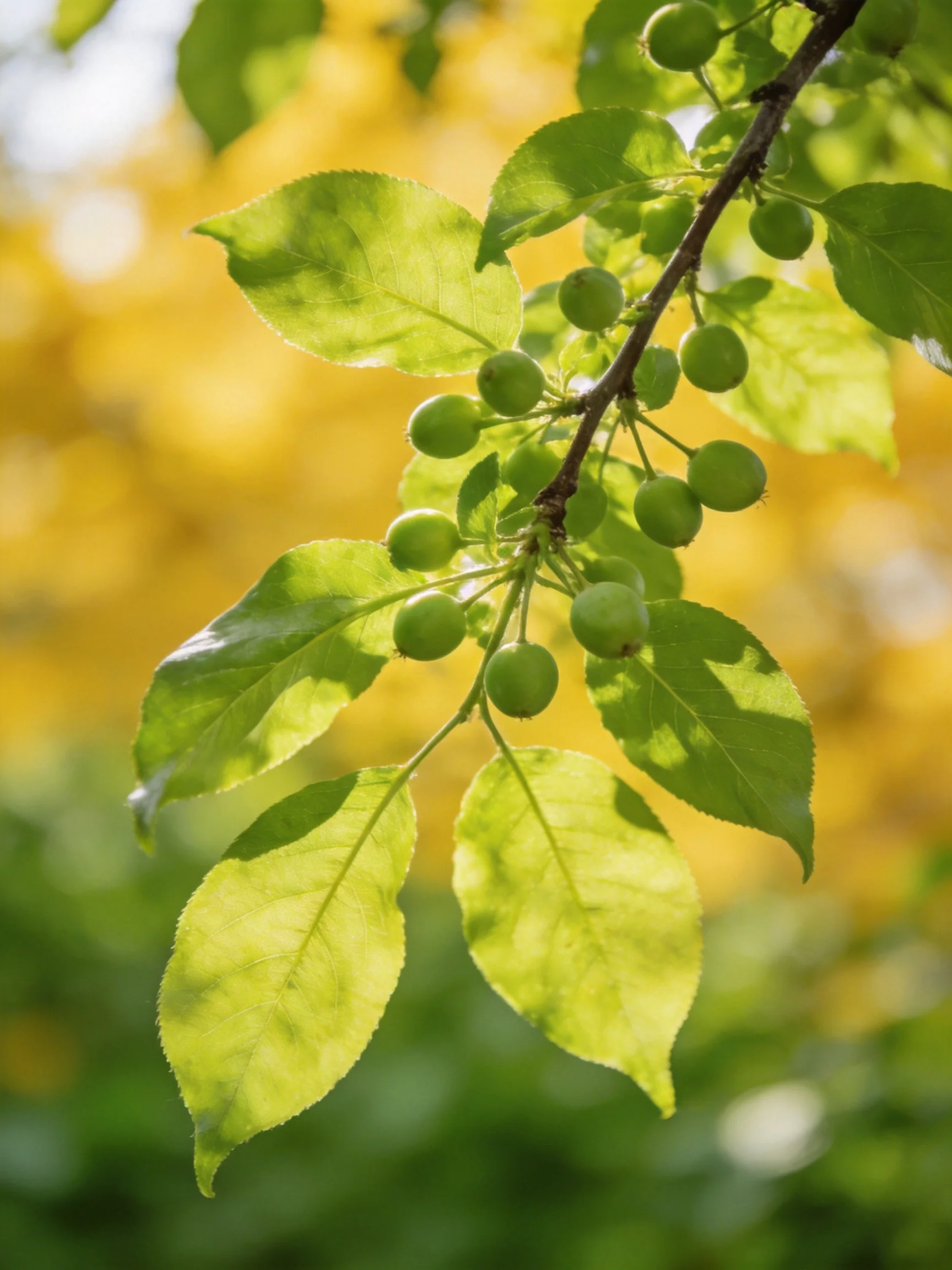 A branch with green berries and leaves amid golden foliage